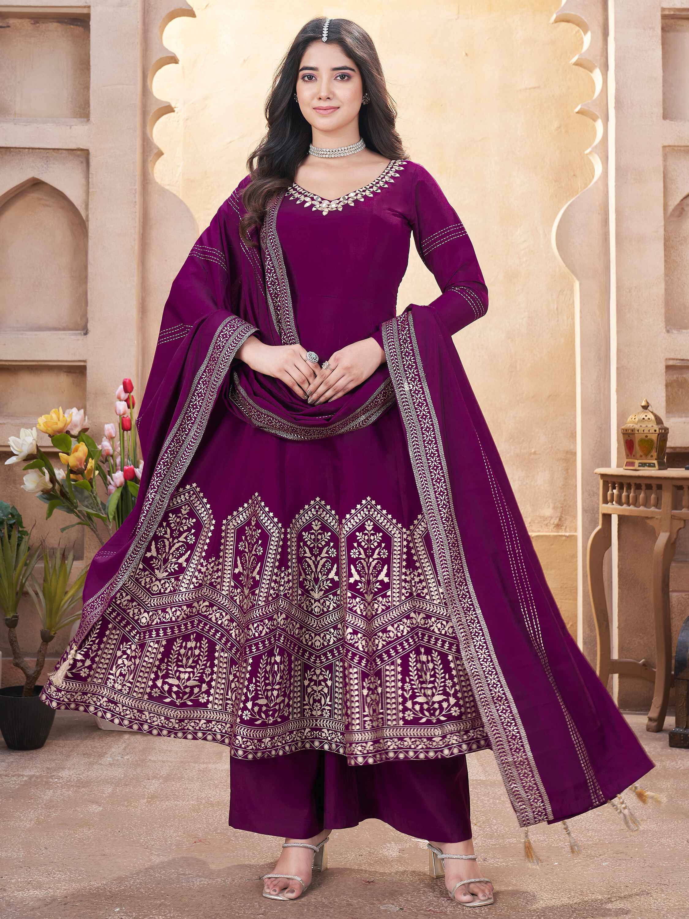 Marvelous Purple Foil Printed Silk Festival Wear Anarkali Suit Palazzo - Exquisite and elegant festival wear outfit in striking purple foil print
