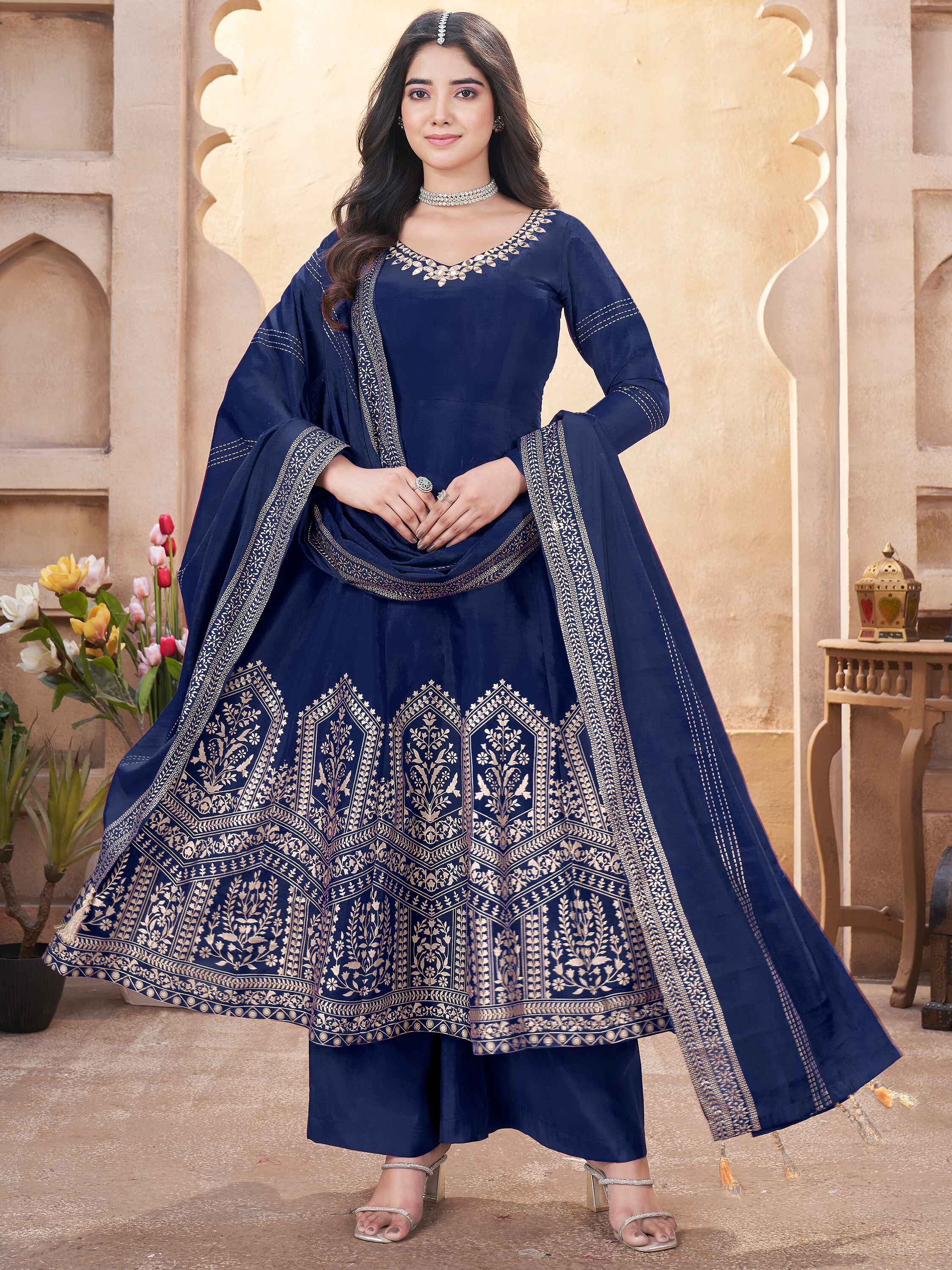 Beautiful navy blue foil printed silk anarkali suit palazzo for special occasions