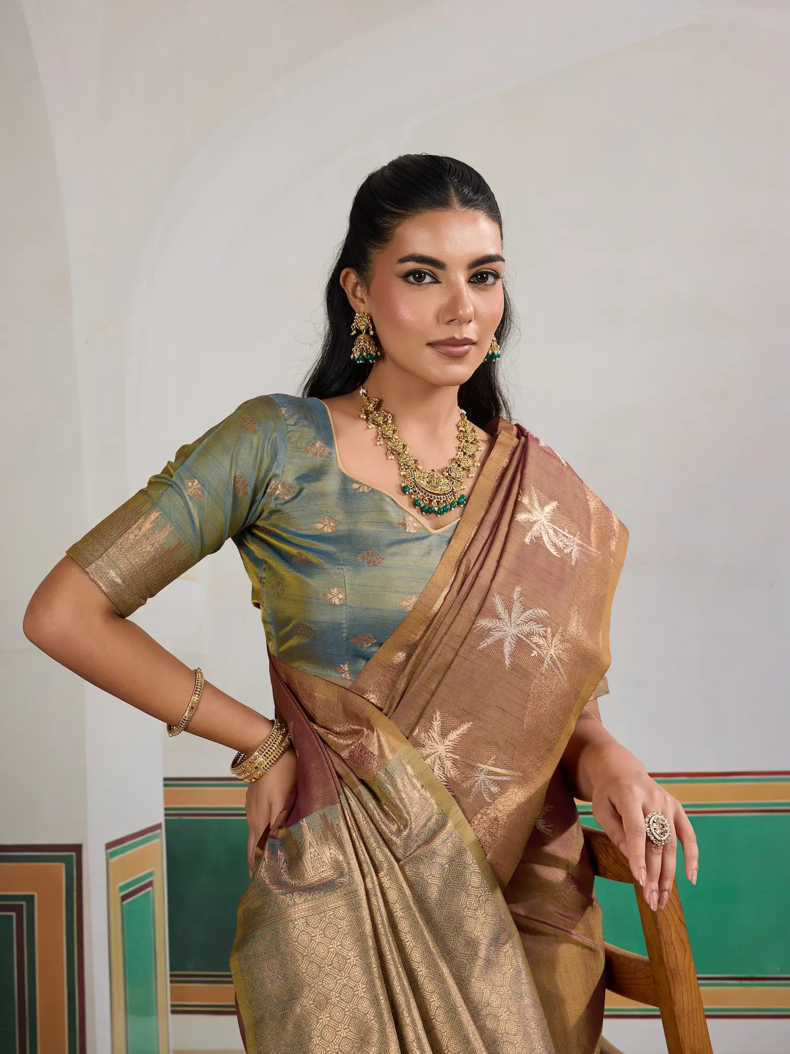 Rust Brown Tussar Silk Weaving Work Saree
