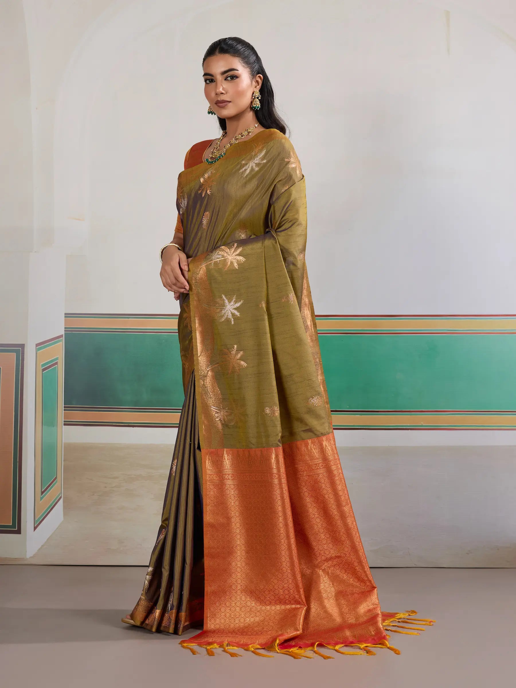 Cedar Brown Tussar Silk Weaving Work Saree