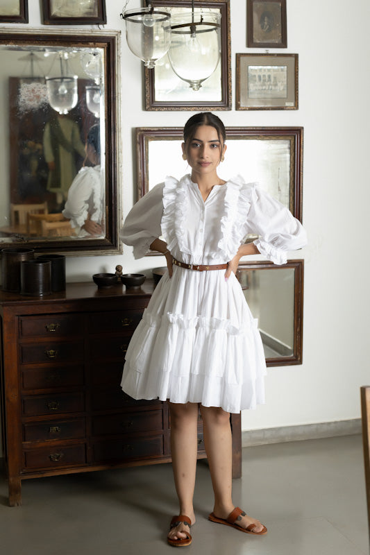 Star White Light Ruffle Cotton Dress - By Ragavi - qivii