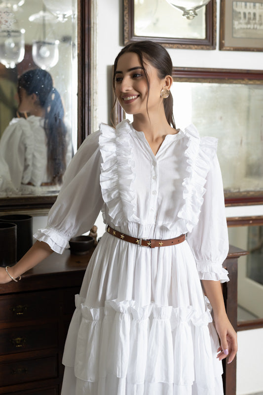 Star White Light Ruffle Cotton Dress - By Ragavi - qivii