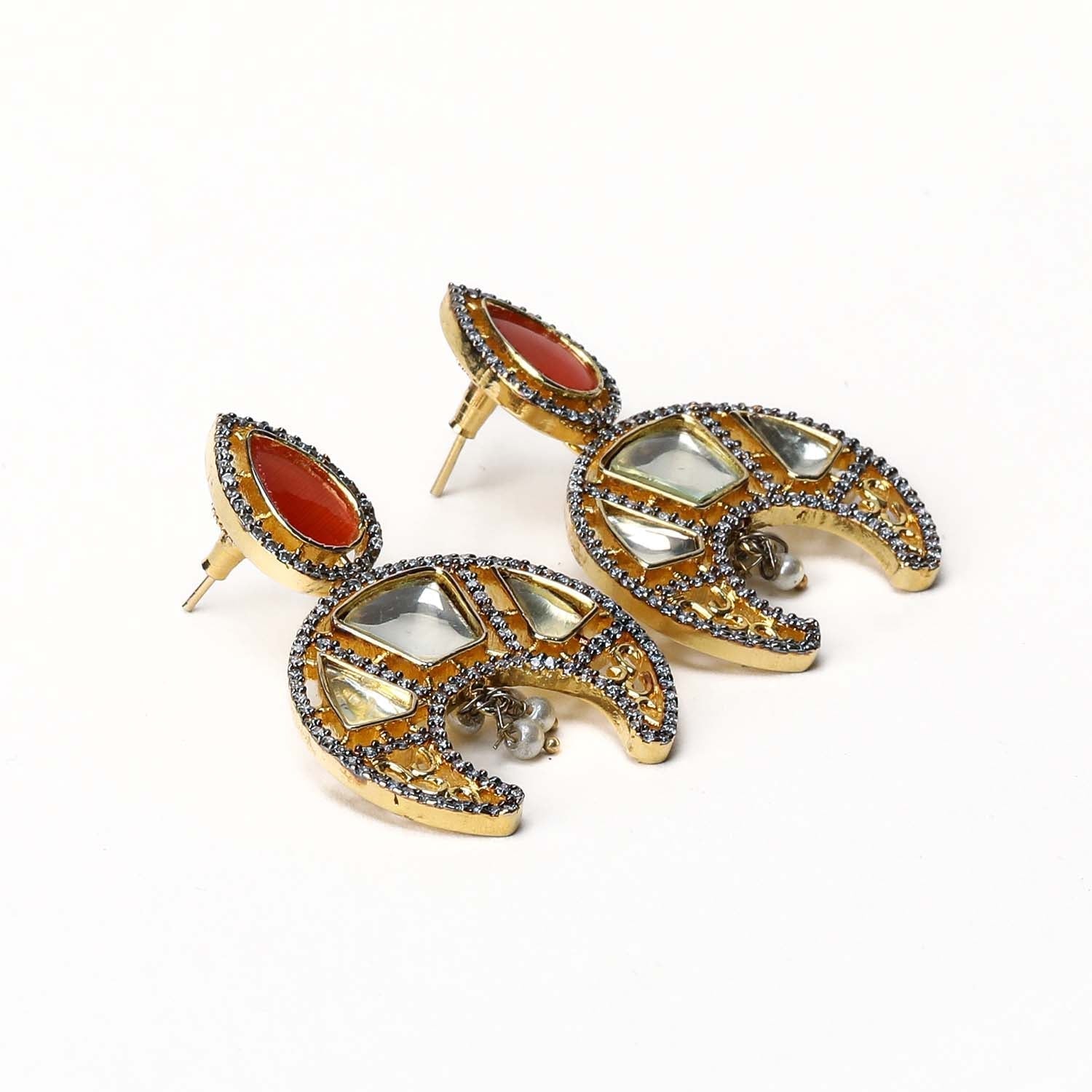 Exquisite Anjali Orange Gold Plated Kundan Earrings Stone Tops American Diamond
