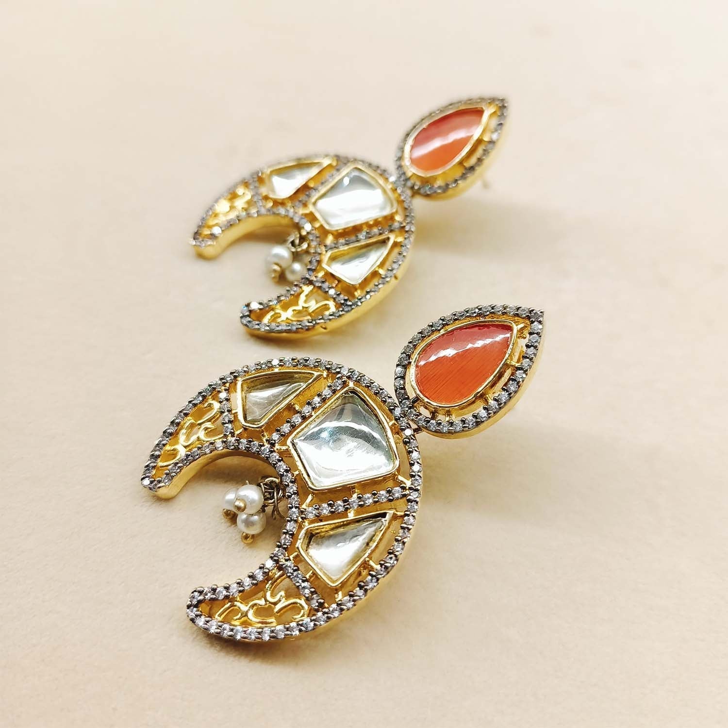 Gorgeous Anjali Orange Gold Plated Kundan Earrings Moon Shape Design