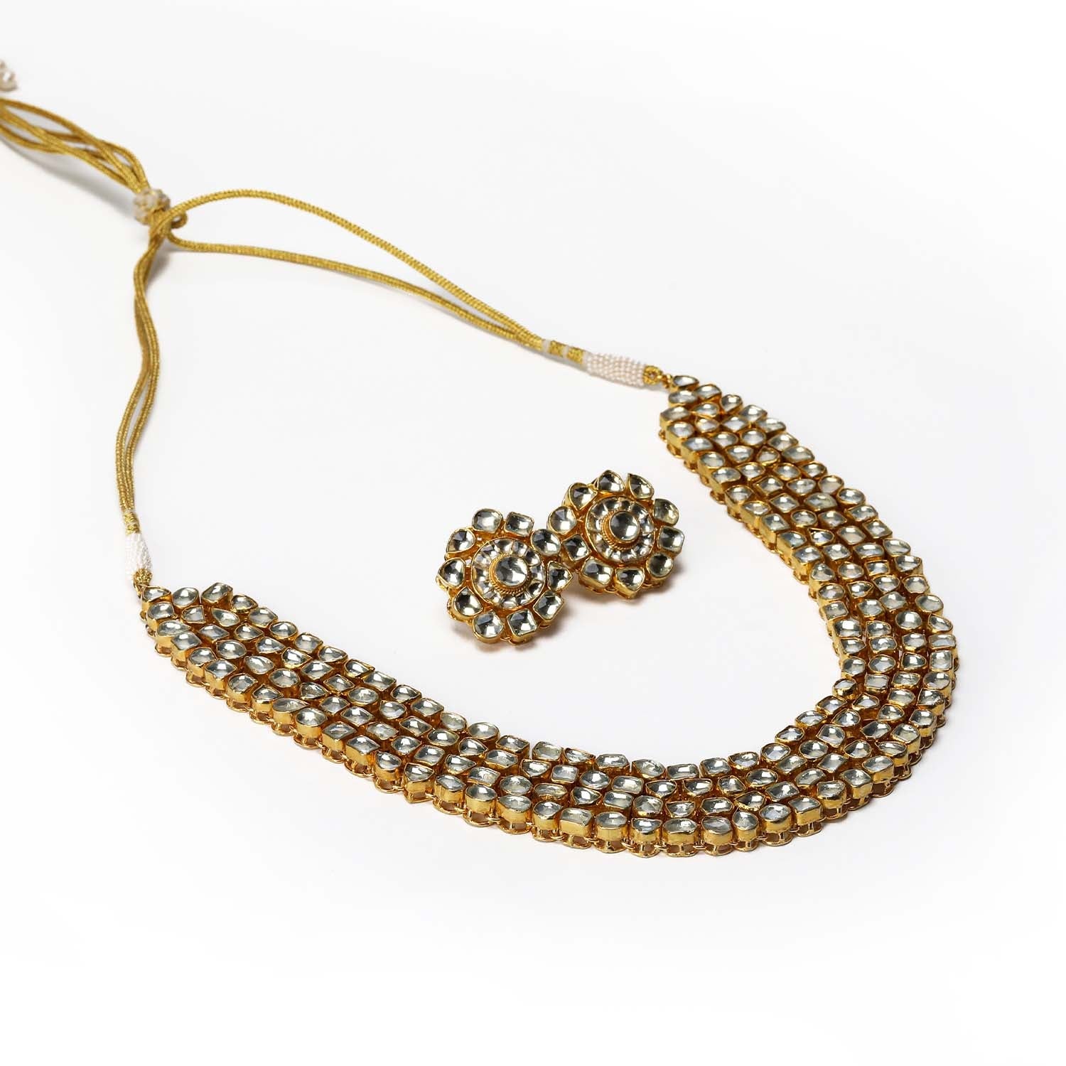 Aamira Golden Coloured Pachi Kundan Long Necklace Set - qivii