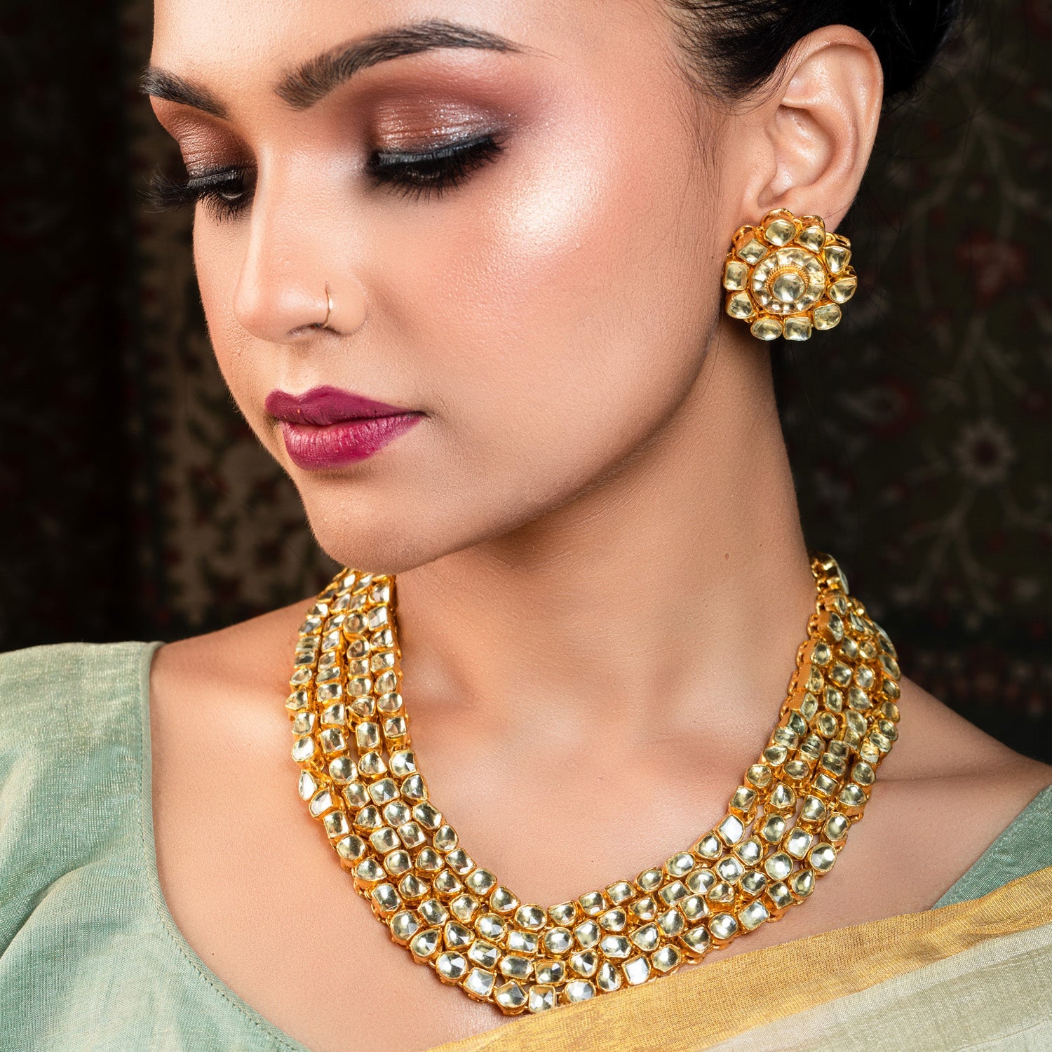 Aamira Golden Coloured Pachi Kundan Long Necklace Set - qivii