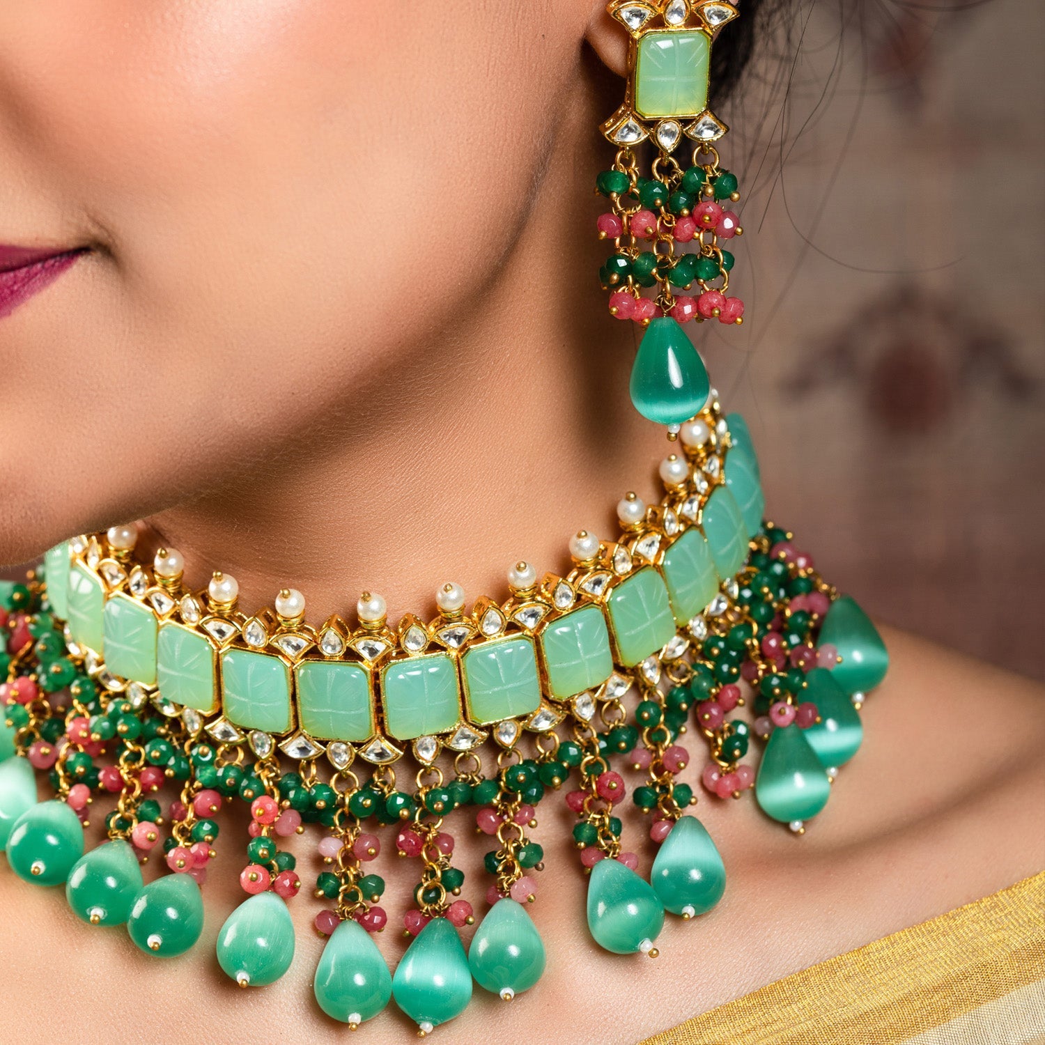 Aafizah Mint Green & Pink Gold Plated Choker Kundan Set - qivii