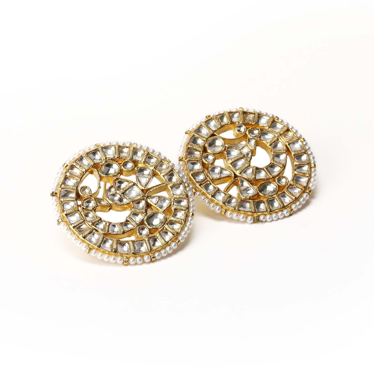 Aanchal Cream Beads Gold Plated Round Kundan Tops - qivii