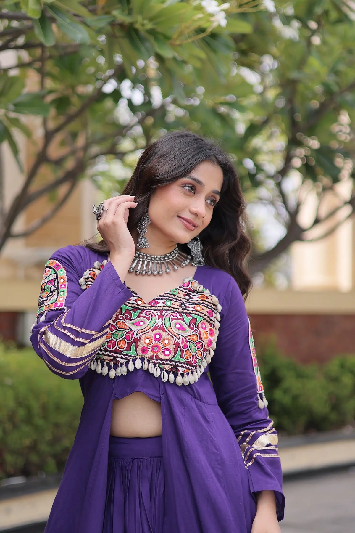 Purple Cotton Chaniya Choli With Gamthi Work