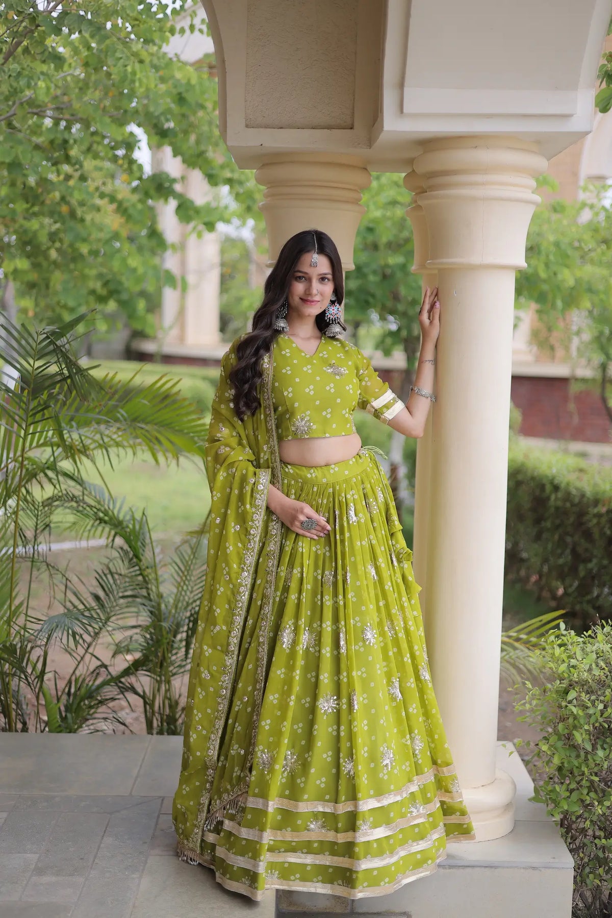 4 Meter Flair | Parrot Green Embroidered Garba Chaniya Choli With Dupatta