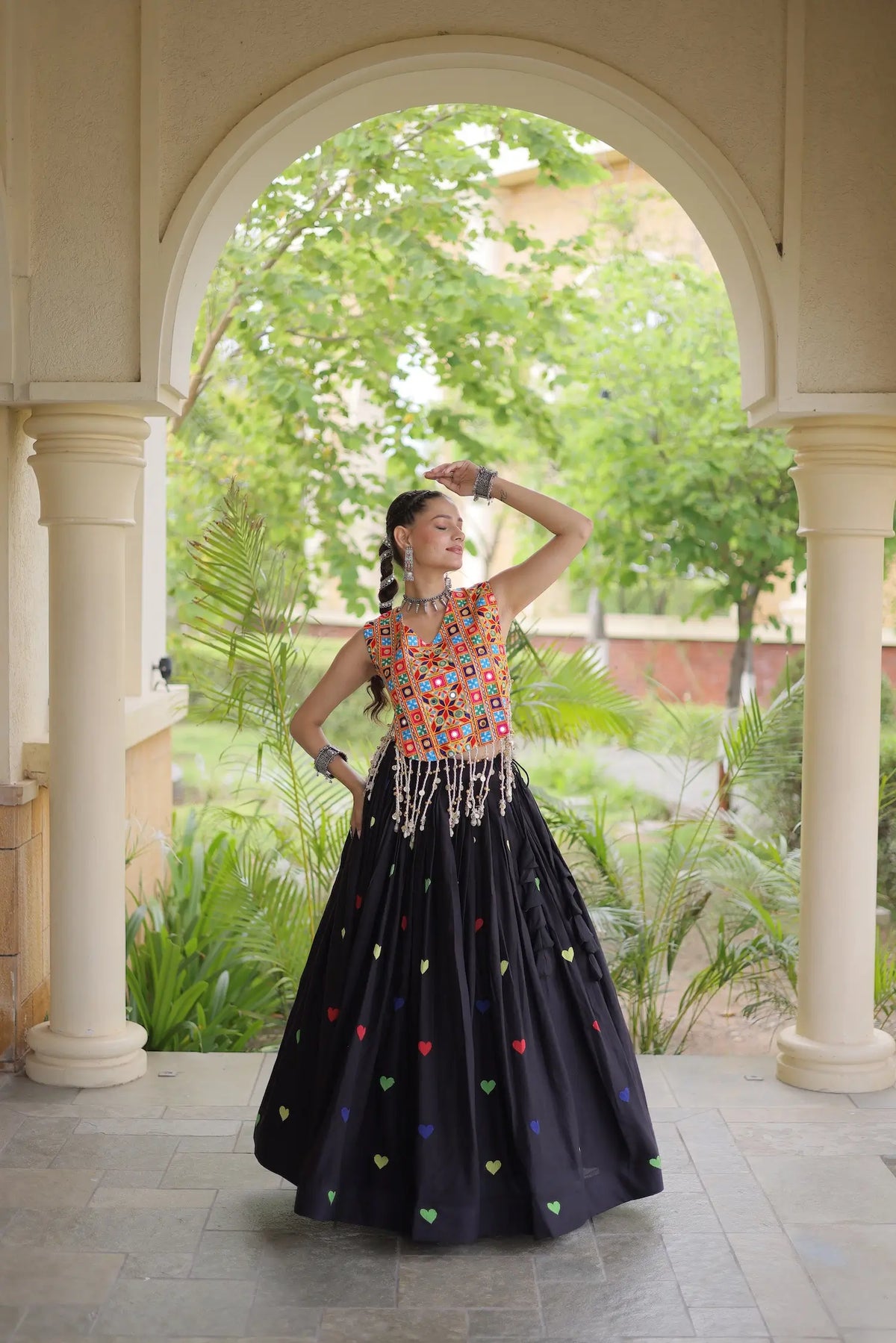 4.5 Meter Flair | Black Garba Chaniya Choli With Gamthi Work Blouse