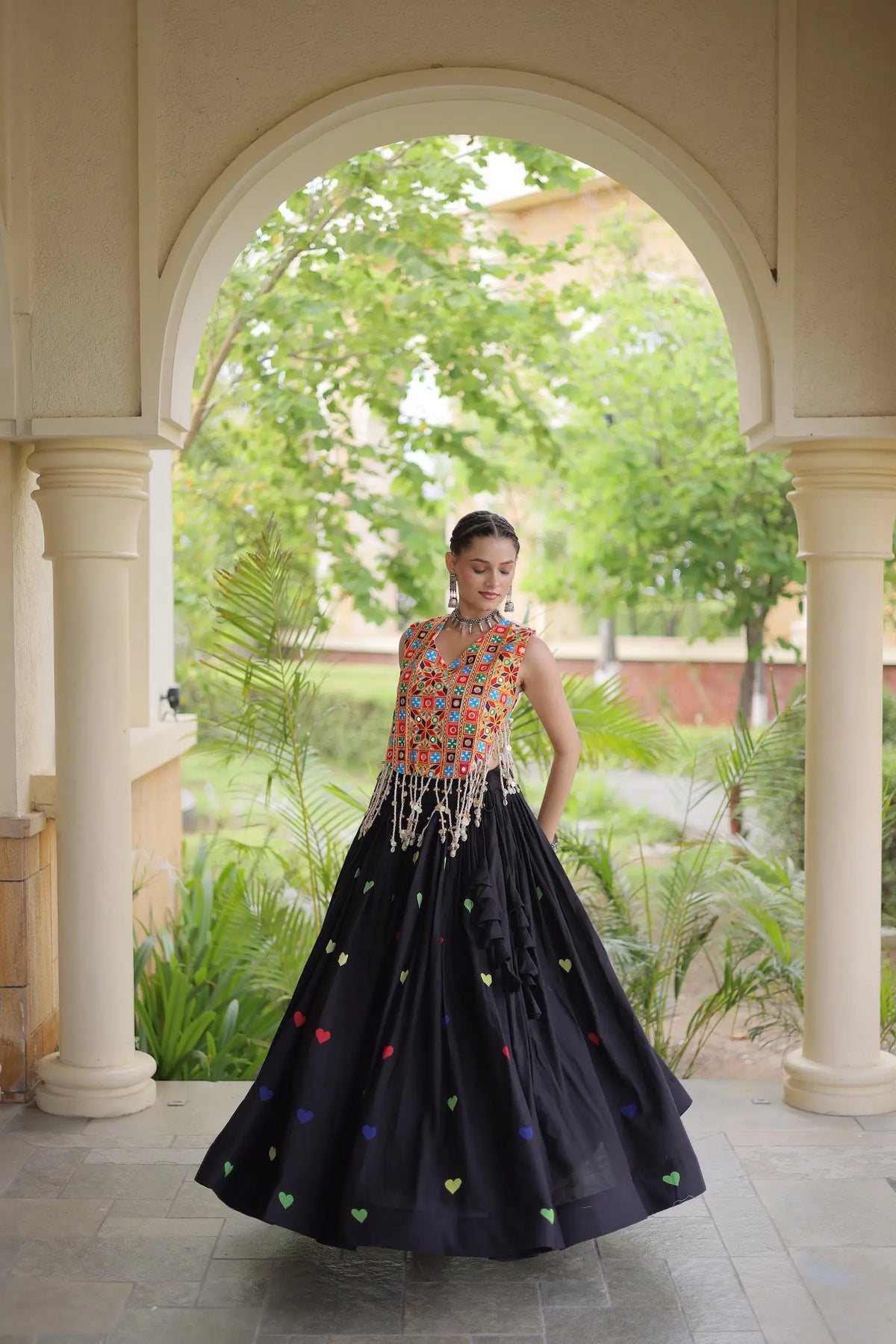 4.5 Meter Flair | Black Garba Chaniya Choli With Gamthi Work Blouse