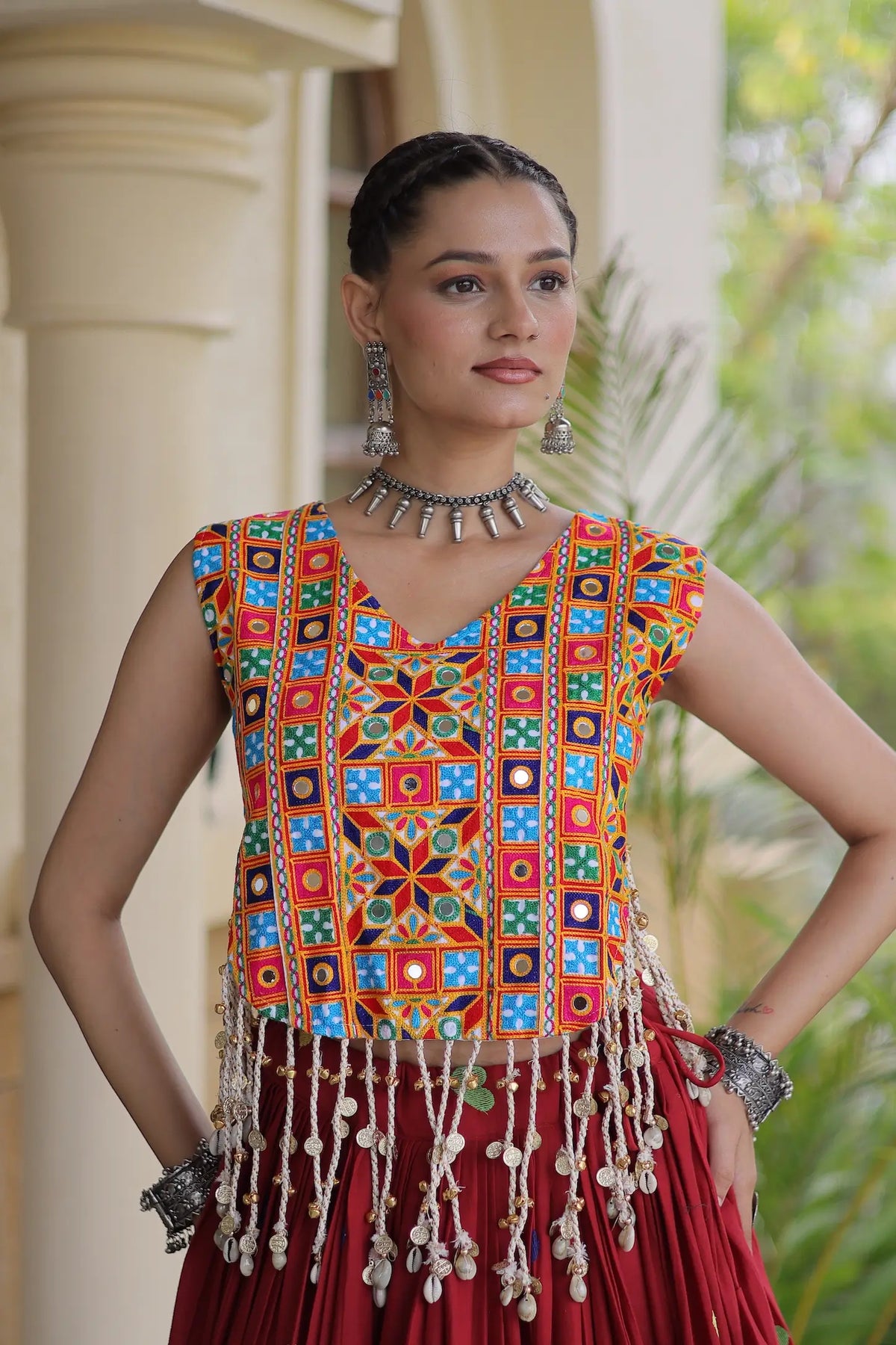 4.5 Meter Flair | Maroon Garba Chaniya Choli With Gamthi Work Blouse