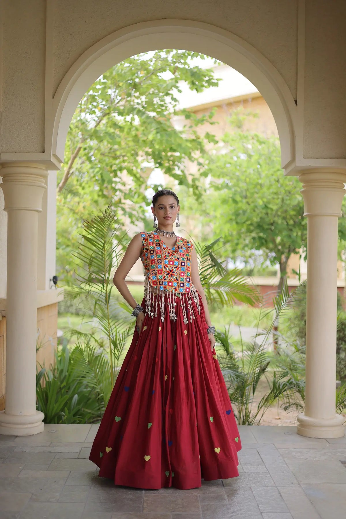4.5 Meter Flair | Maroon Garba Chaniya Choli With Gamthi Work Blouse