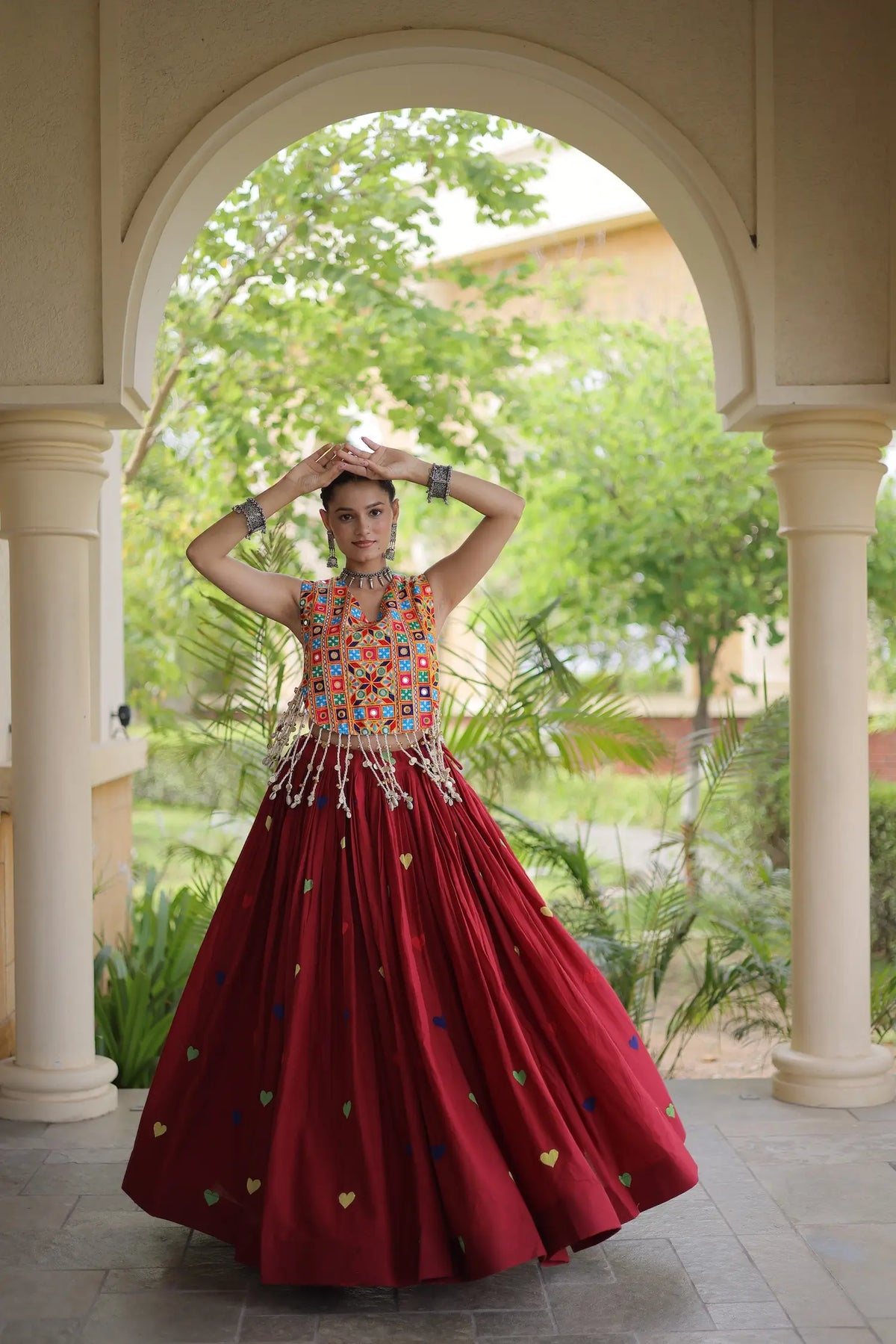 4.5 Meter Flair | Maroon Garba Chaniya Choli With Gamthi Work Blouse