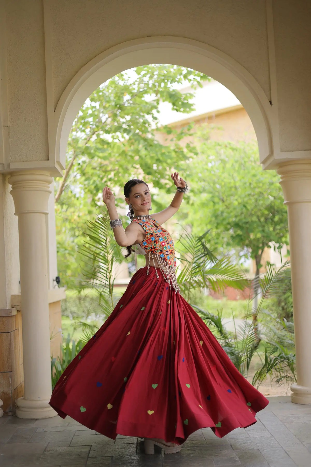 4.5 Meter Flair | Maroon Garba Chaniya Choli With Gamthi Work Blouse