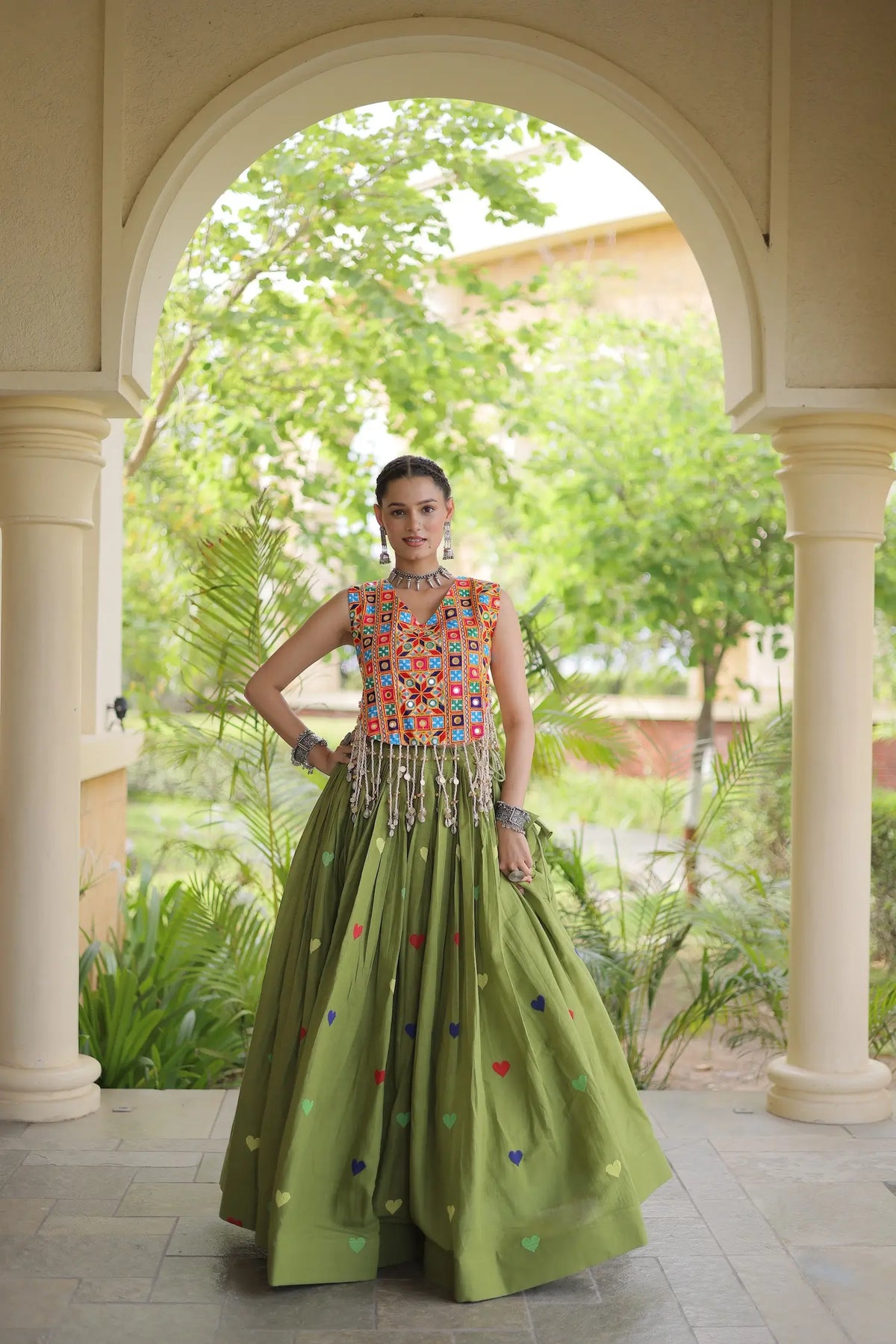 4.5 Meter Flair | Green Garba Chaniya Choli With Gamthi Work Blouse