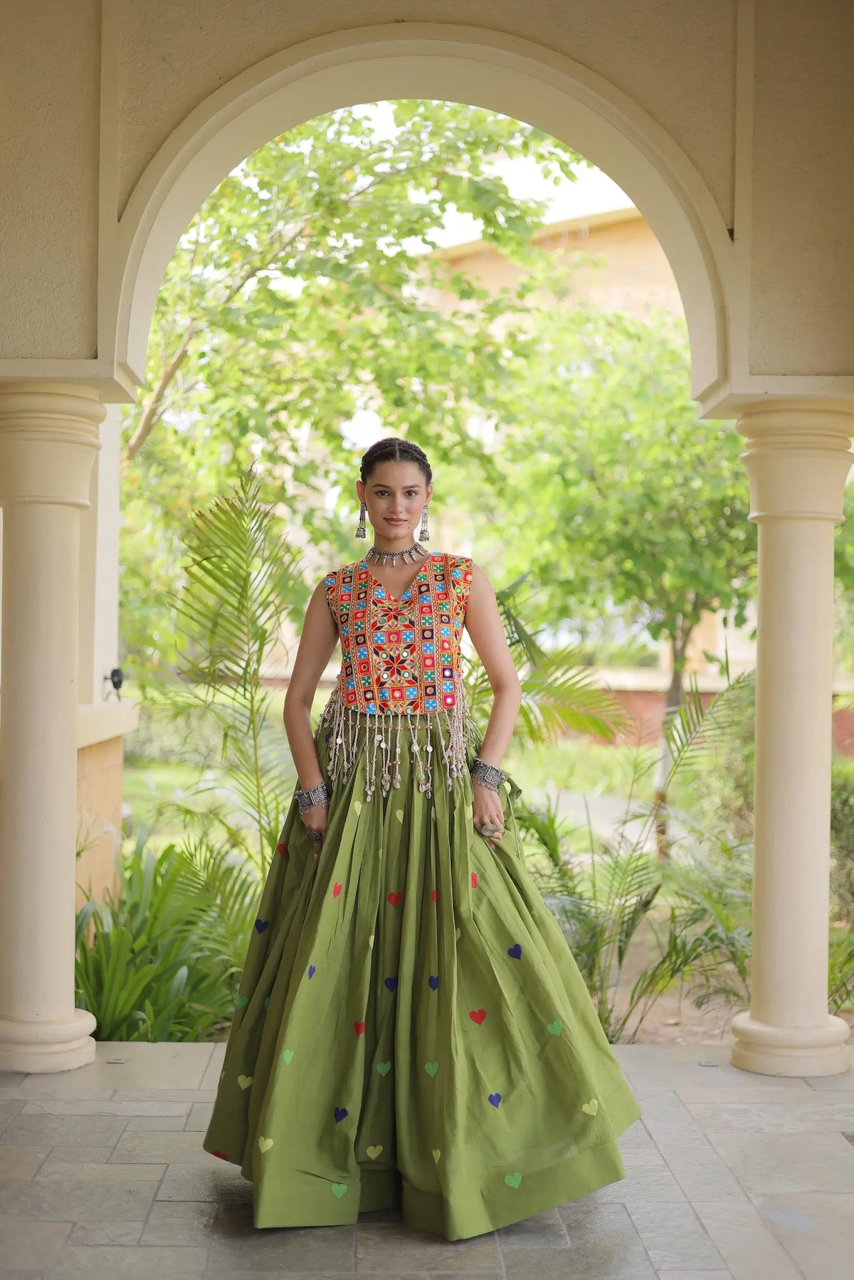 4.5 Meter Flair | Green Garba Chaniya Choli With Gamthi Work Blouse