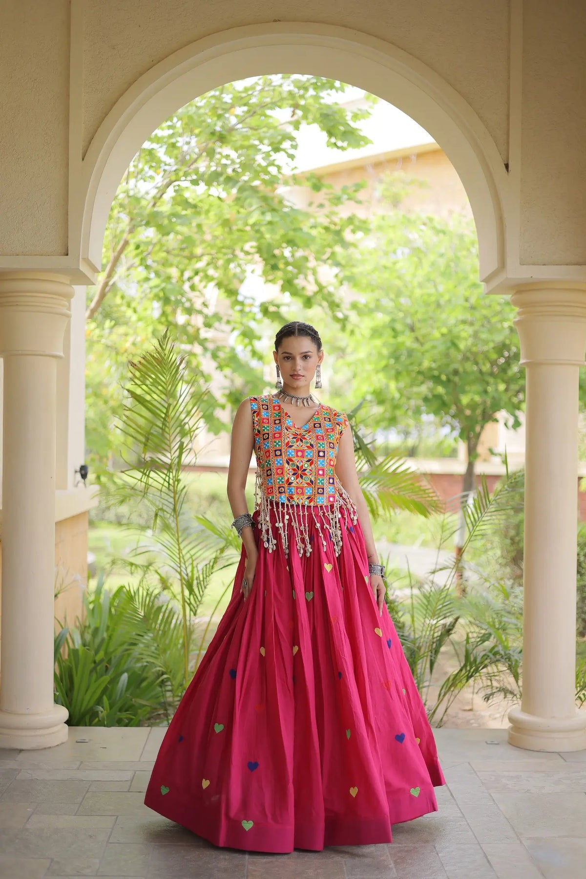 4.5 Meter Flair | Pink Garba Chaniya Choli With Gamthi Work Blouse