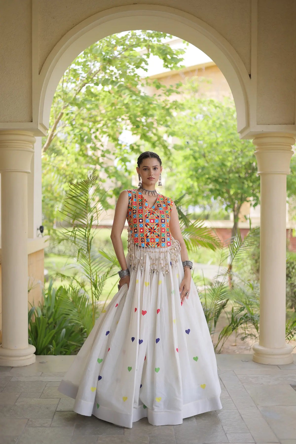 4.5 Meter Flair | White Garba Chaniya Choli With Gamthi Work Blouse