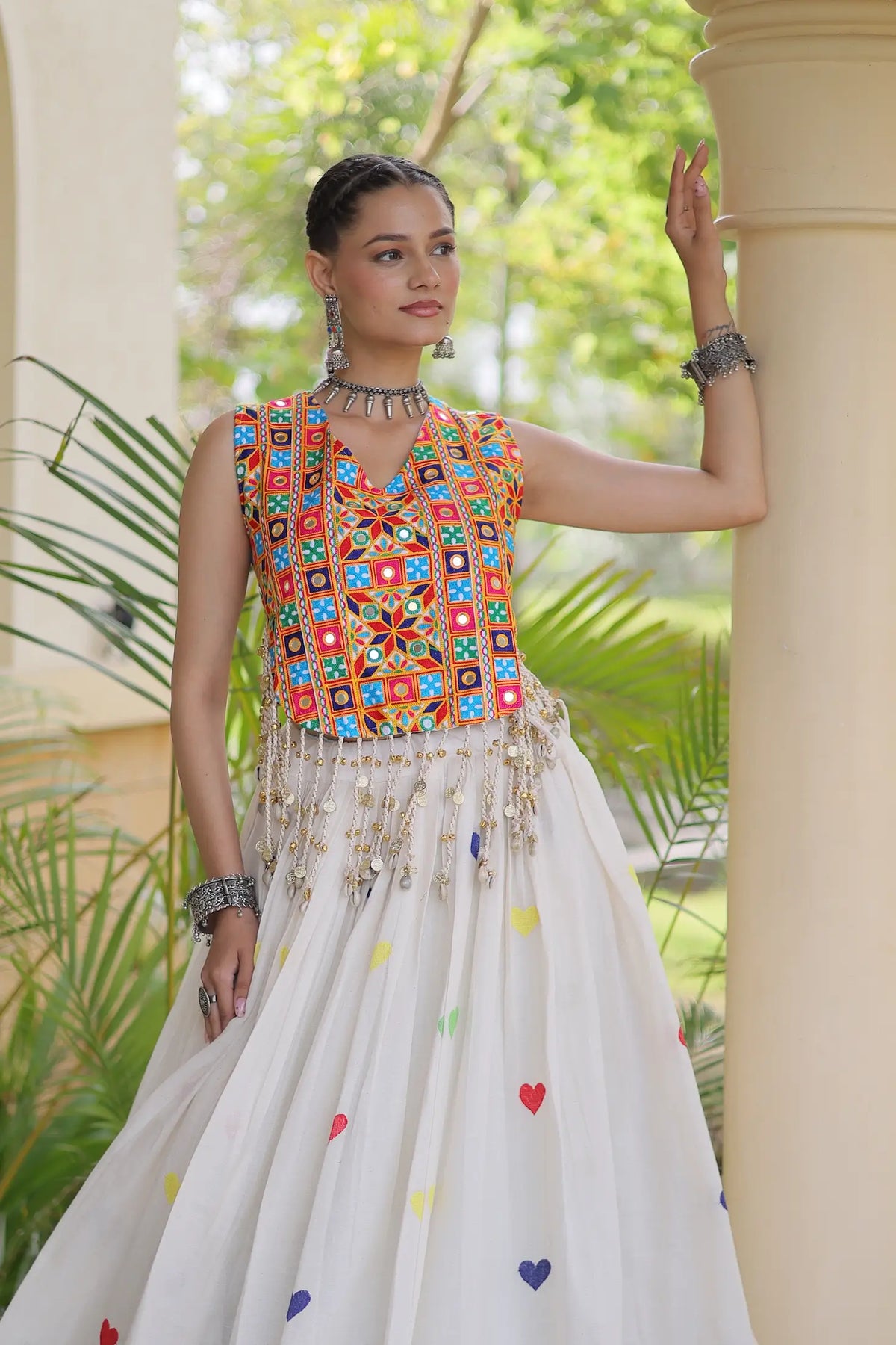 4.5 Meter Flair | White Garba Chaniya Choli With Gamthi Work Blouse