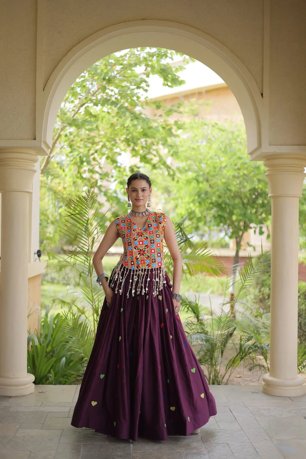 4.5 Meter Flair | Wine Garba Chaniya Choli With Gamthi Work Blouse