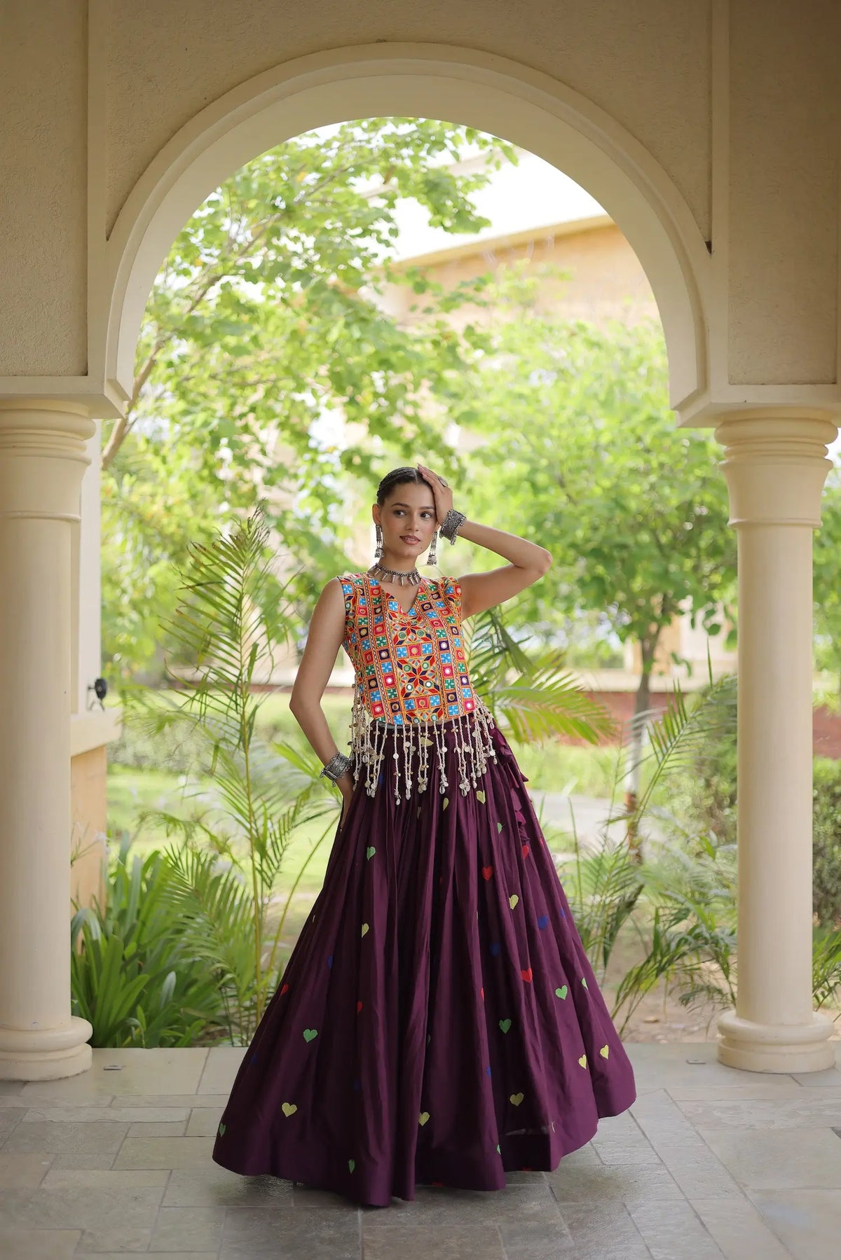 4.5 Meter Flair | Wine Garba Chaniya Choli With Gamthi Work Blouse