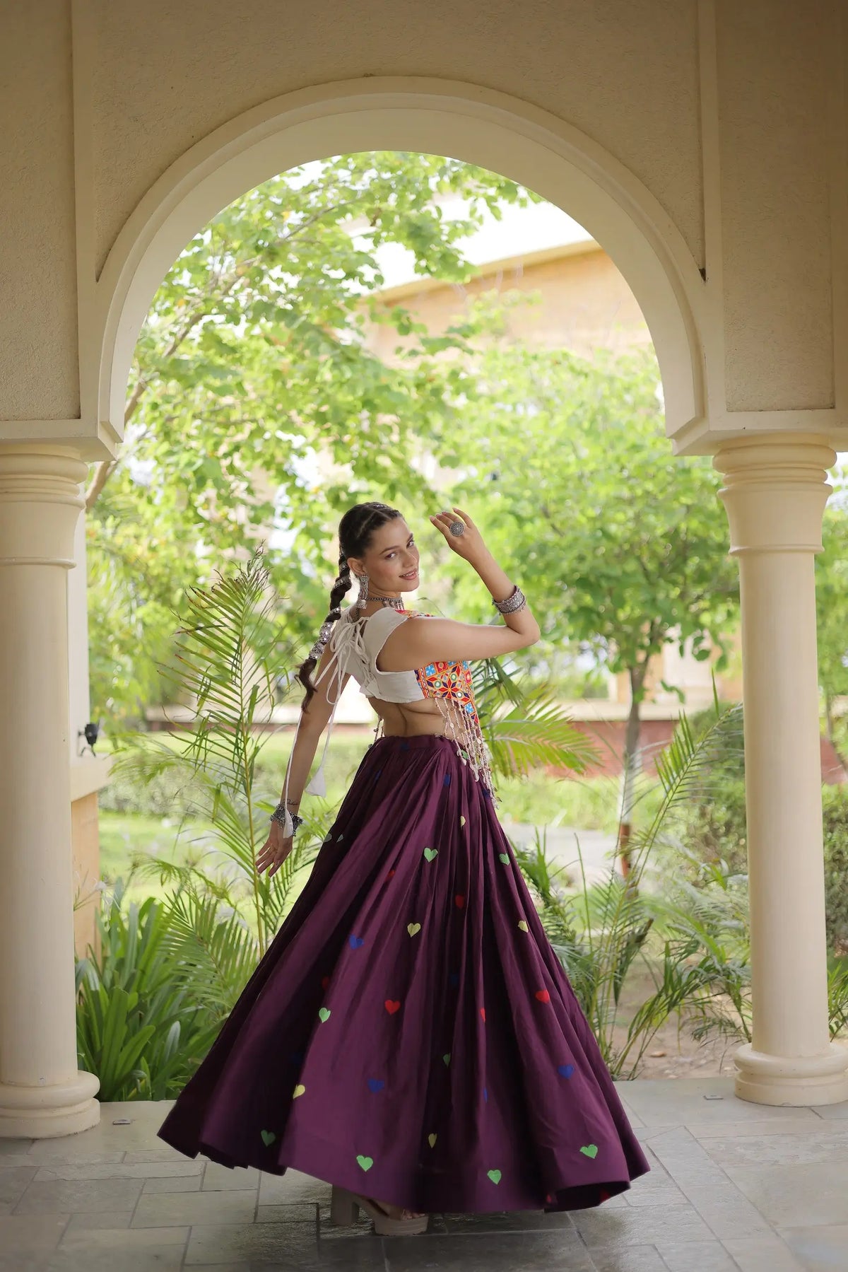 4.5 Meter Flair | Wine Garba Chaniya Choli With Gamthi Work Blouse
