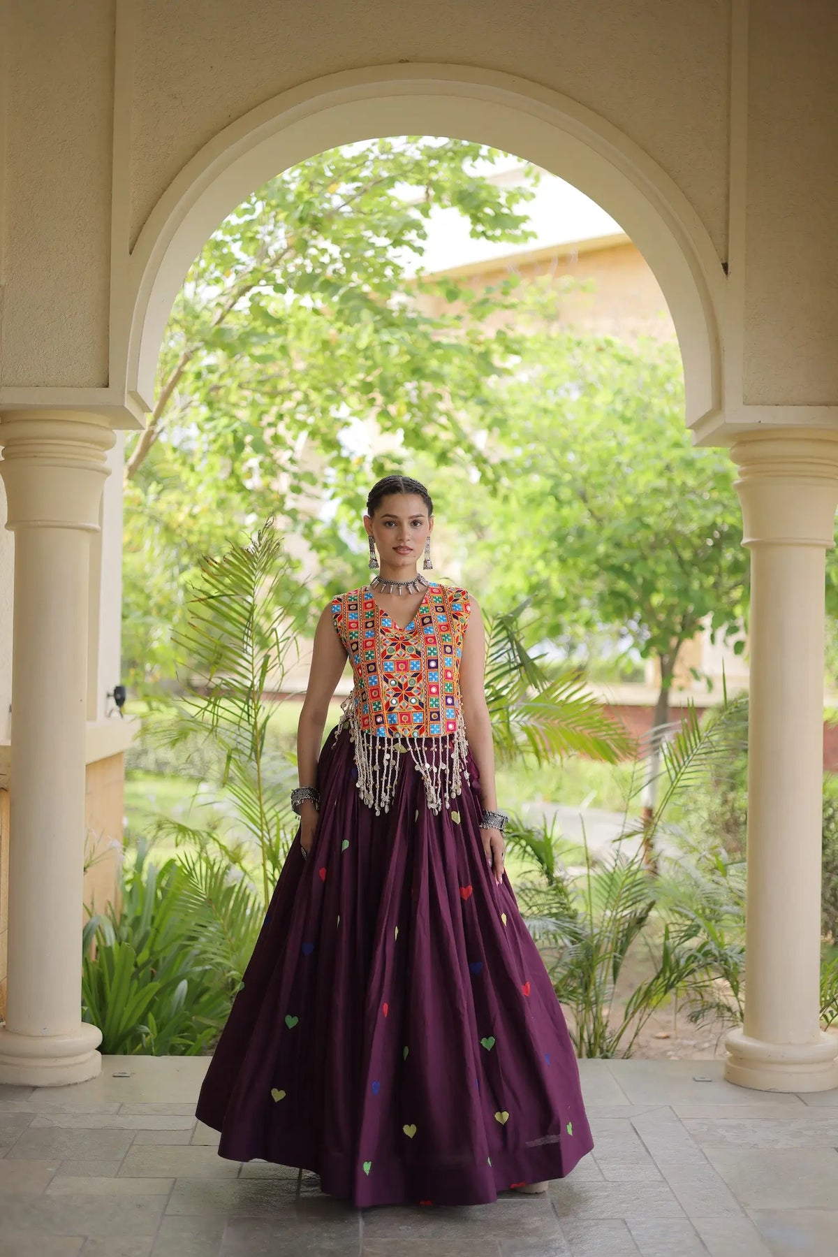 4.5 Meter Flair | Wine Garba Chaniya Choli With Gamthi Work Blouse