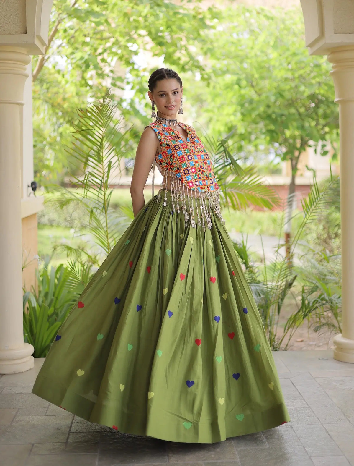 4.5 Meter Flair | Green Garba Chaniya Choli With Gamthi Work Blouse