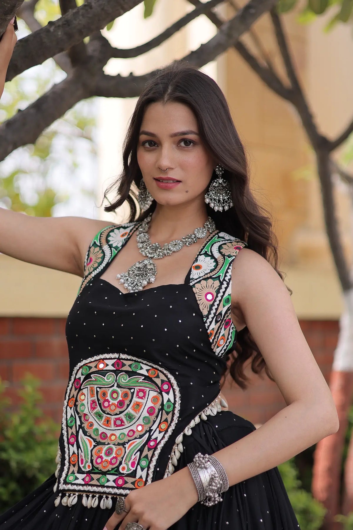 5 Meter Flair | Black Garba Chaniya Choli With Gamthi & Mirror Work