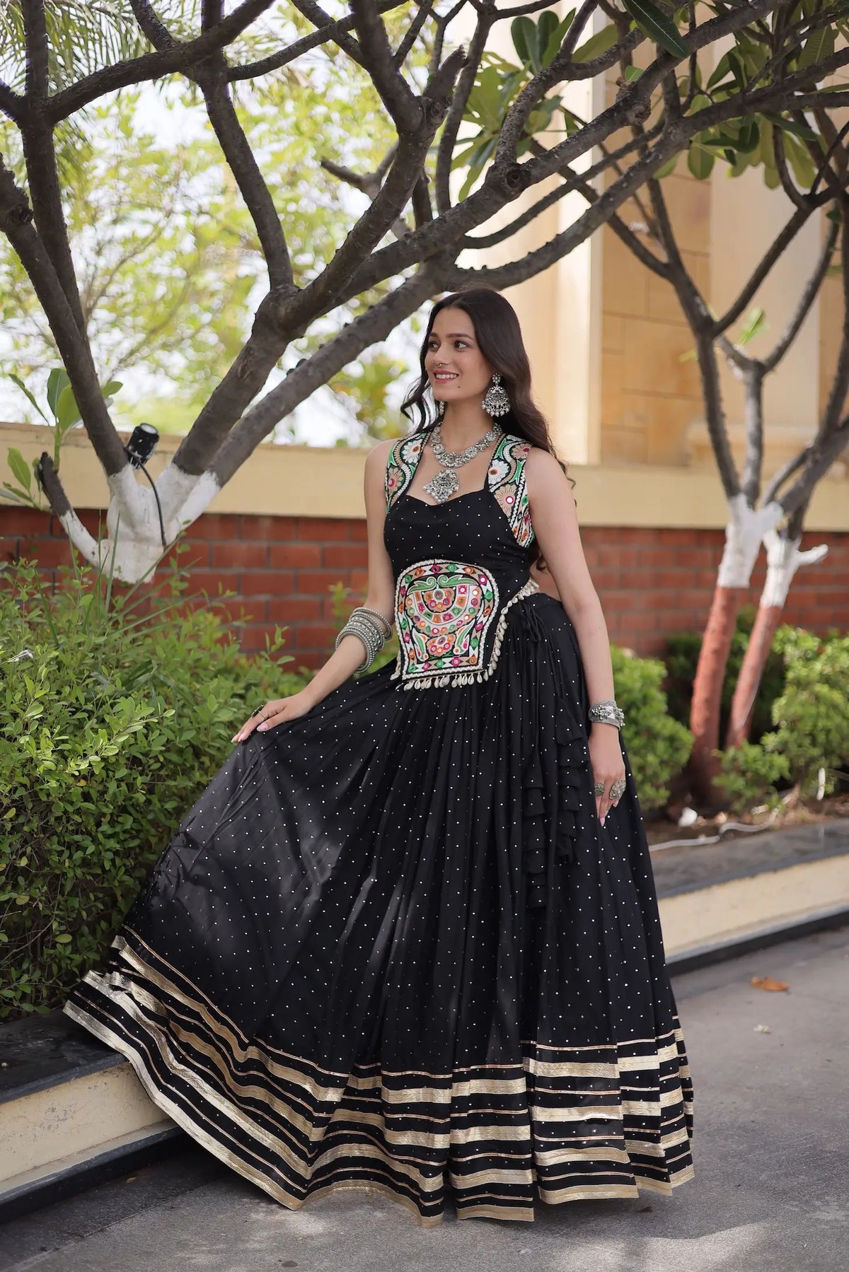 5 Meter Flair | Black Garba Chaniya Choli With Gamthi & Mirror Work