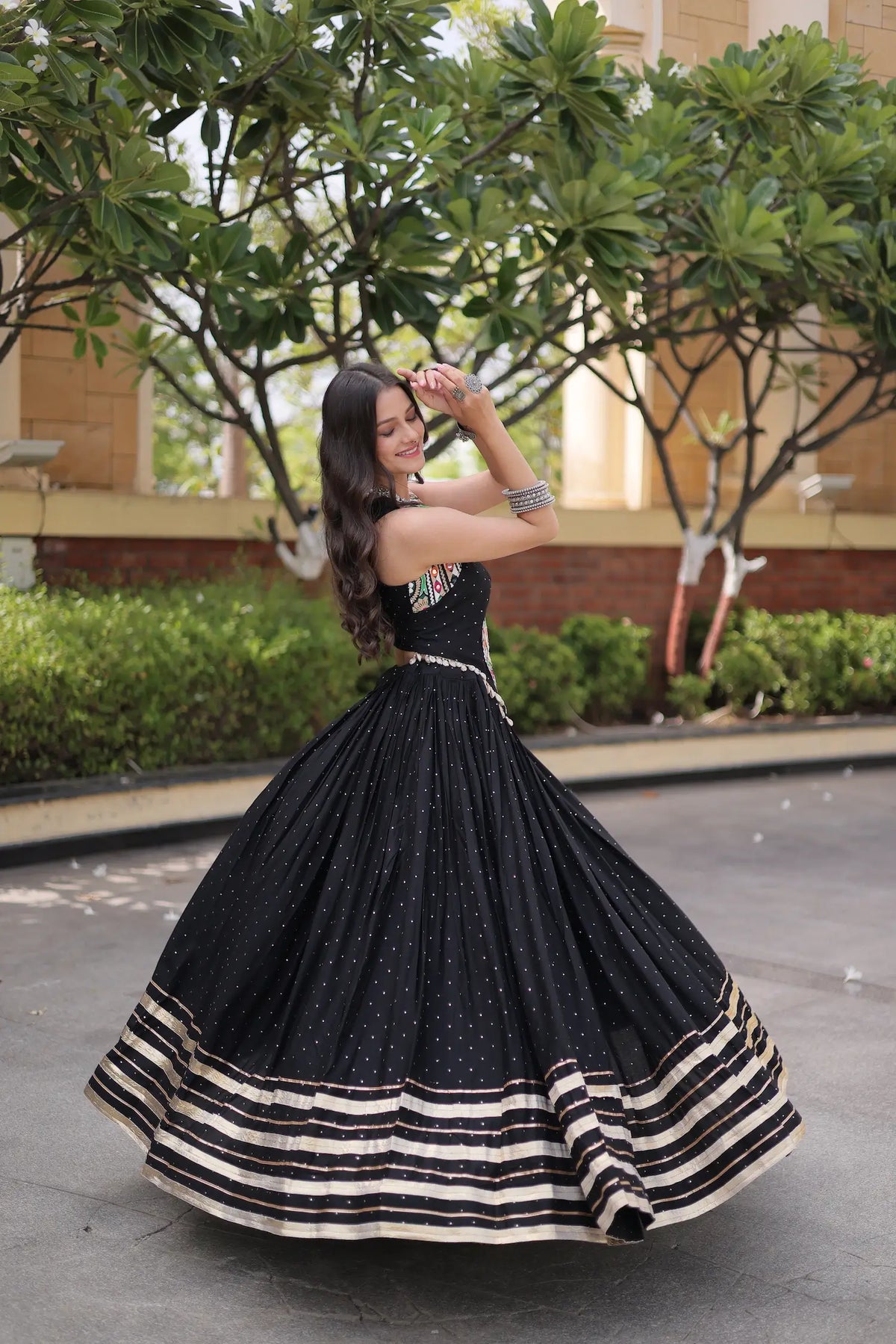 5 Meter Flair | Black Garba Chaniya Choli With Gamthi & Mirror Work