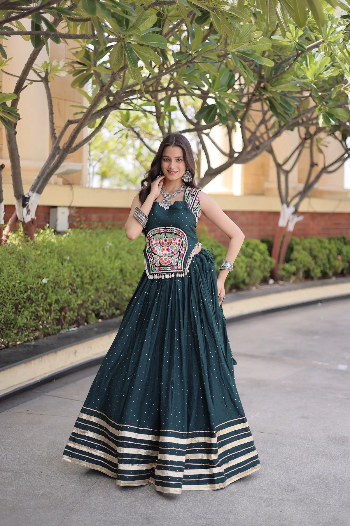 5 Meter Flair | Green Garba Chaniya Choli With Gamthi & Mirror Work