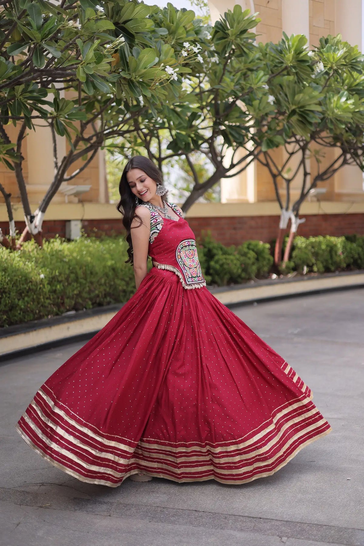 5 Meter Flair | Maroon Garba Chaniya Choli With Gamthi & Mirror Work