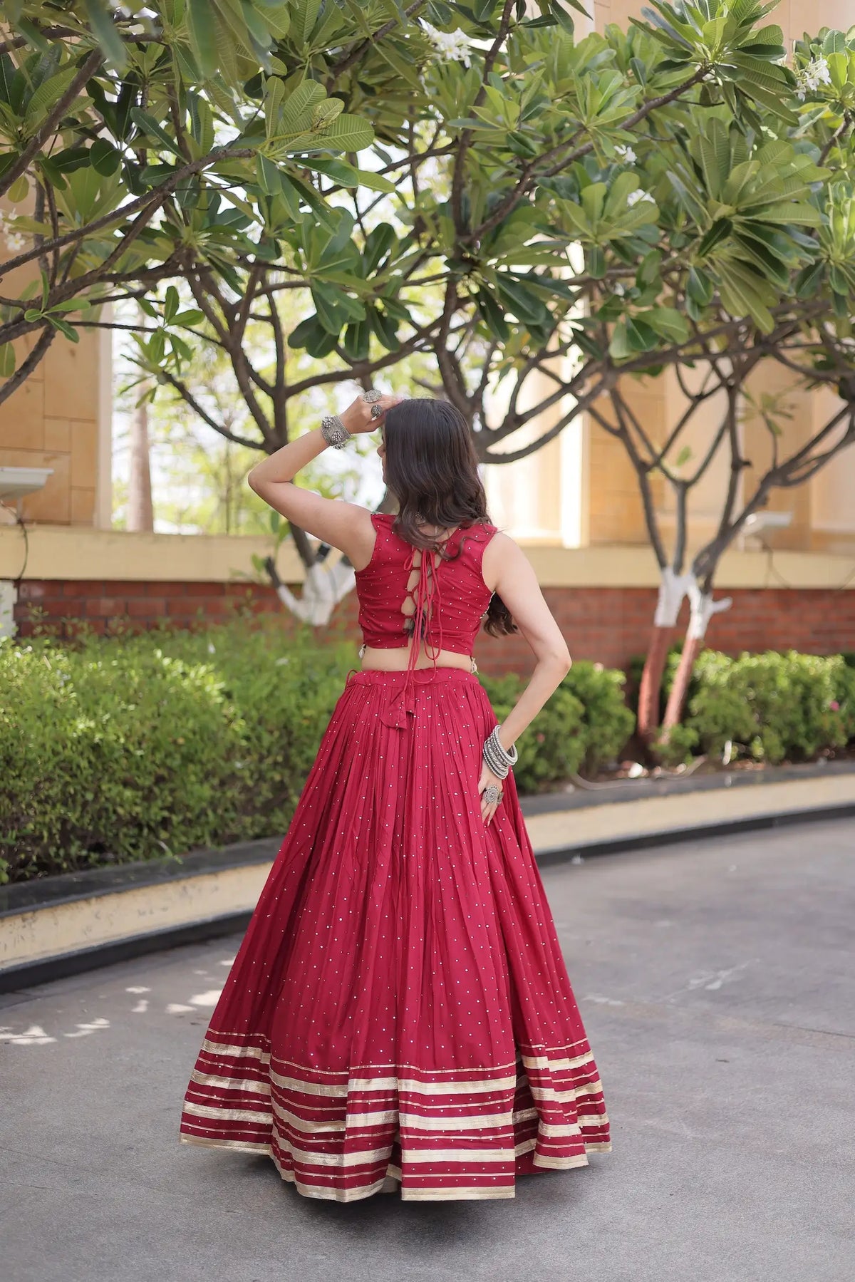 5 Meter Flair | Maroon Garba Chaniya Choli With Gamthi & Mirror Work