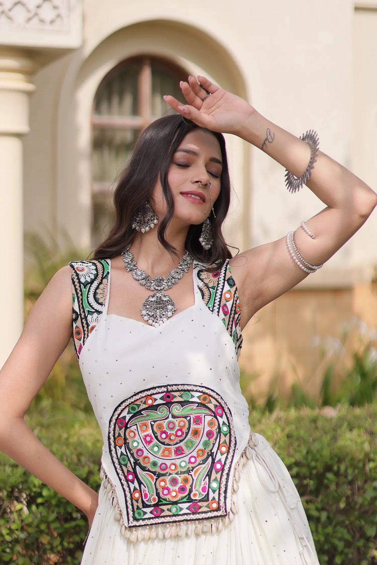 5 Meter Flair | White Garba Chaniya Choli With Gamthi & Mirror Work