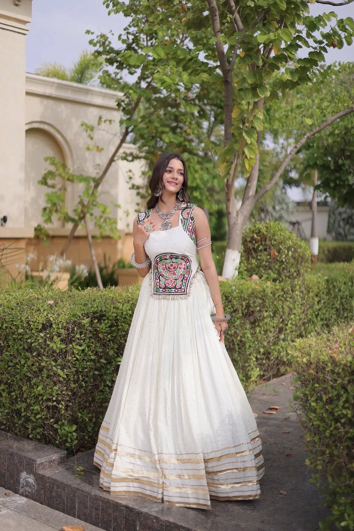 5 Meter Flair | White Garba Chaniya Choli With Gamthi & Mirror Work