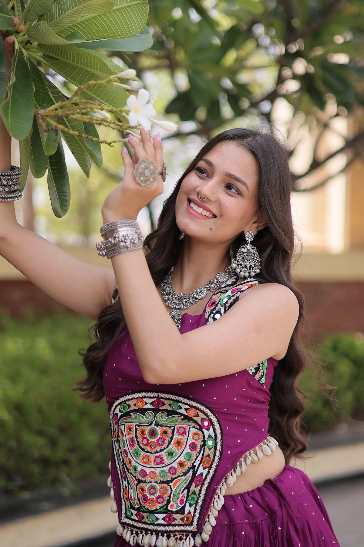 5 Meter Flair | Wine Garba Chaniya Choli With Gamthi & Mirror Work