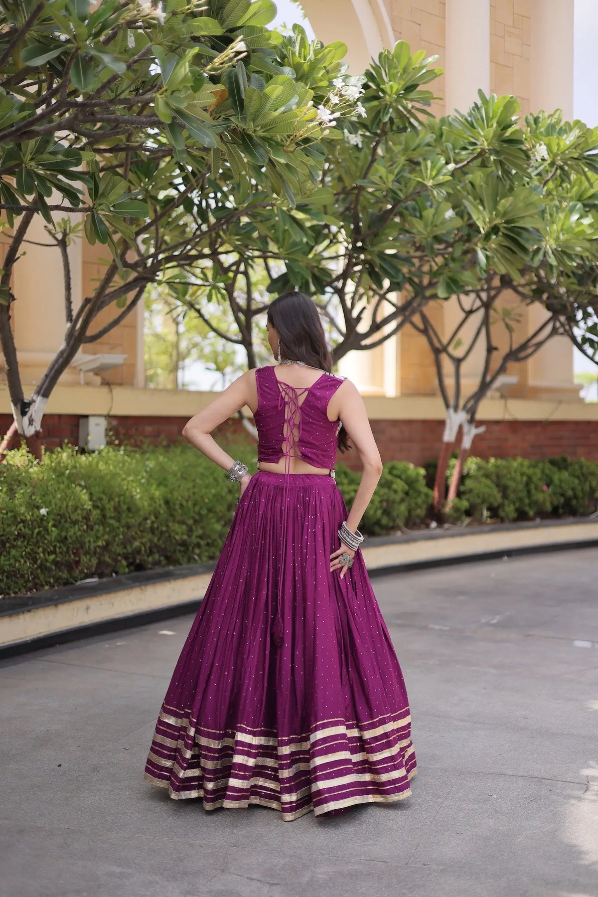 5 Meter Flair | Wine Garba Chaniya Choli With Gamthi & Mirror Work