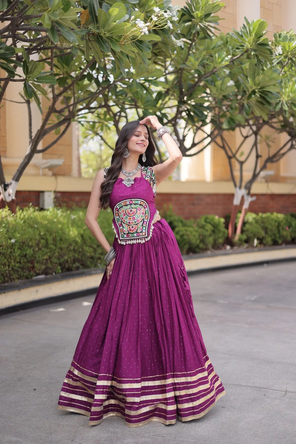 5 Meter Flair | Wine Garba Chaniya Choli With Gamthi & Mirror Work
