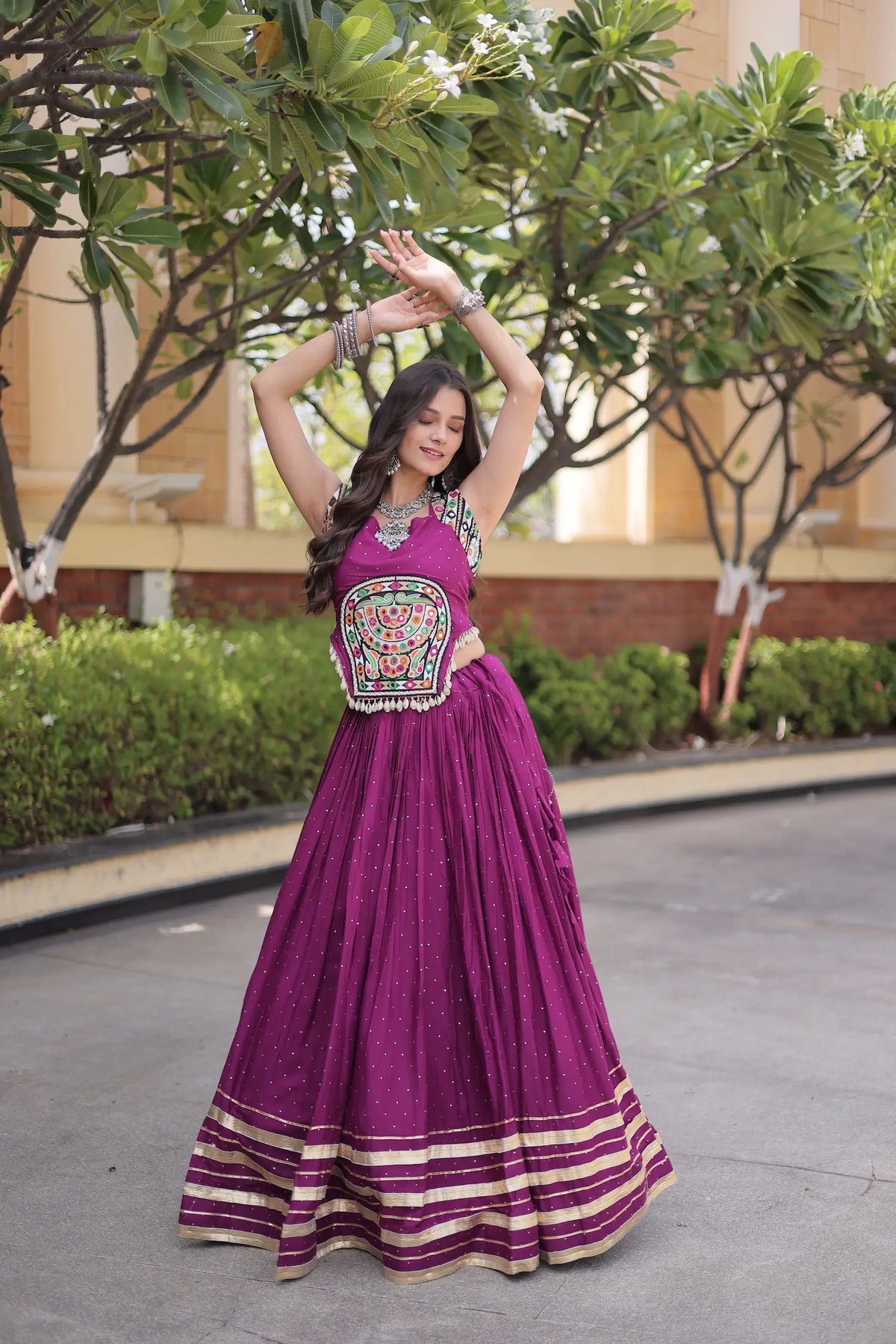 5 Meter Flair | Wine Garba Chaniya Choli With Gamthi & Mirror Work