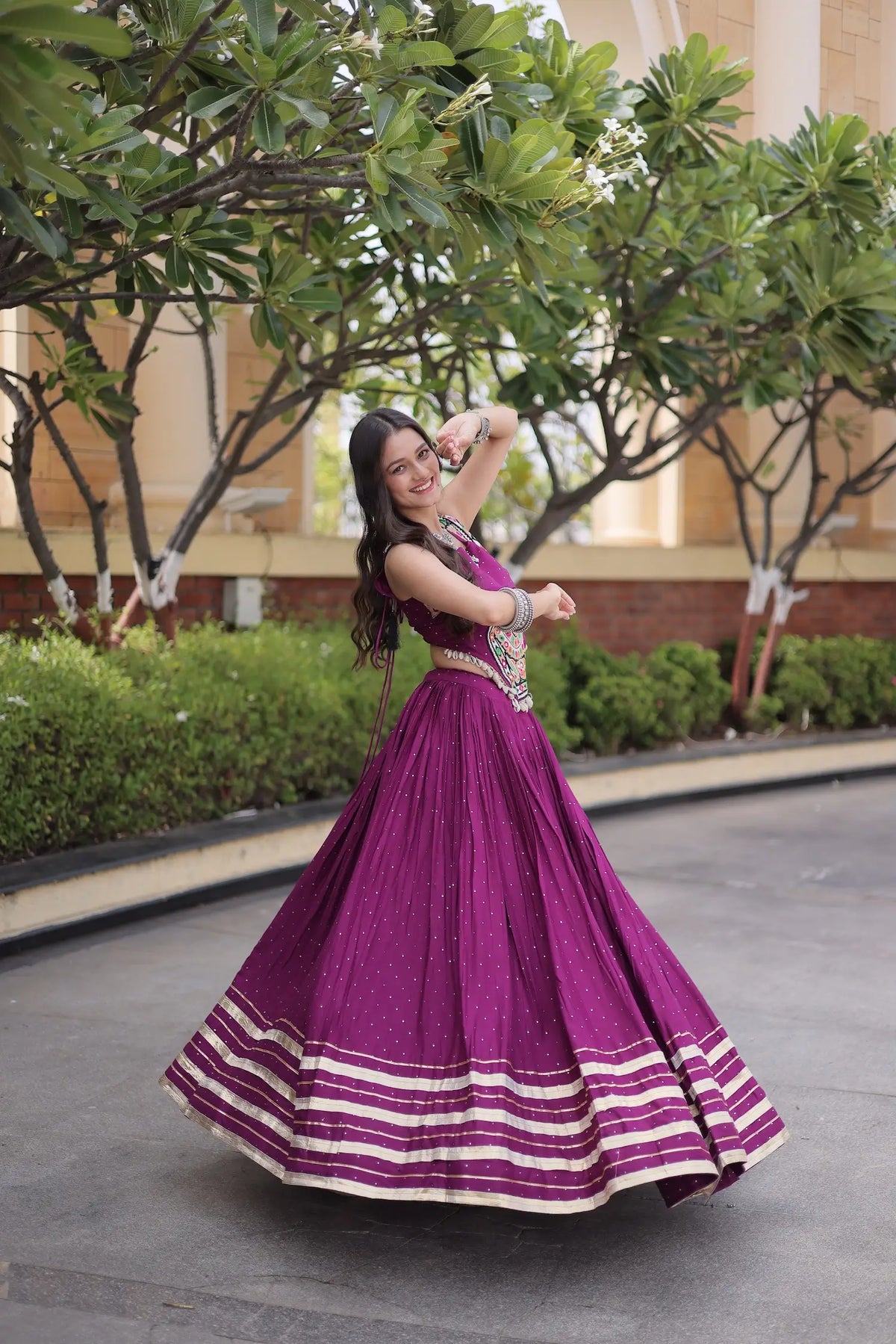 5 Meter Flair | Wine Garba Chaniya Choli With Gamthi & Mirror Work