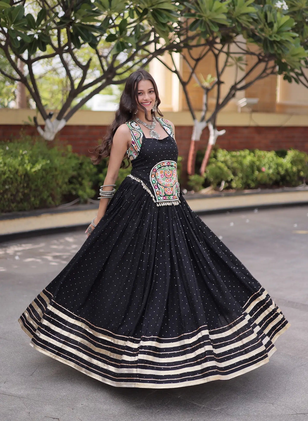 5 Meter Flair | Black Garba Chaniya Choli With Gamthi & Mirror Work