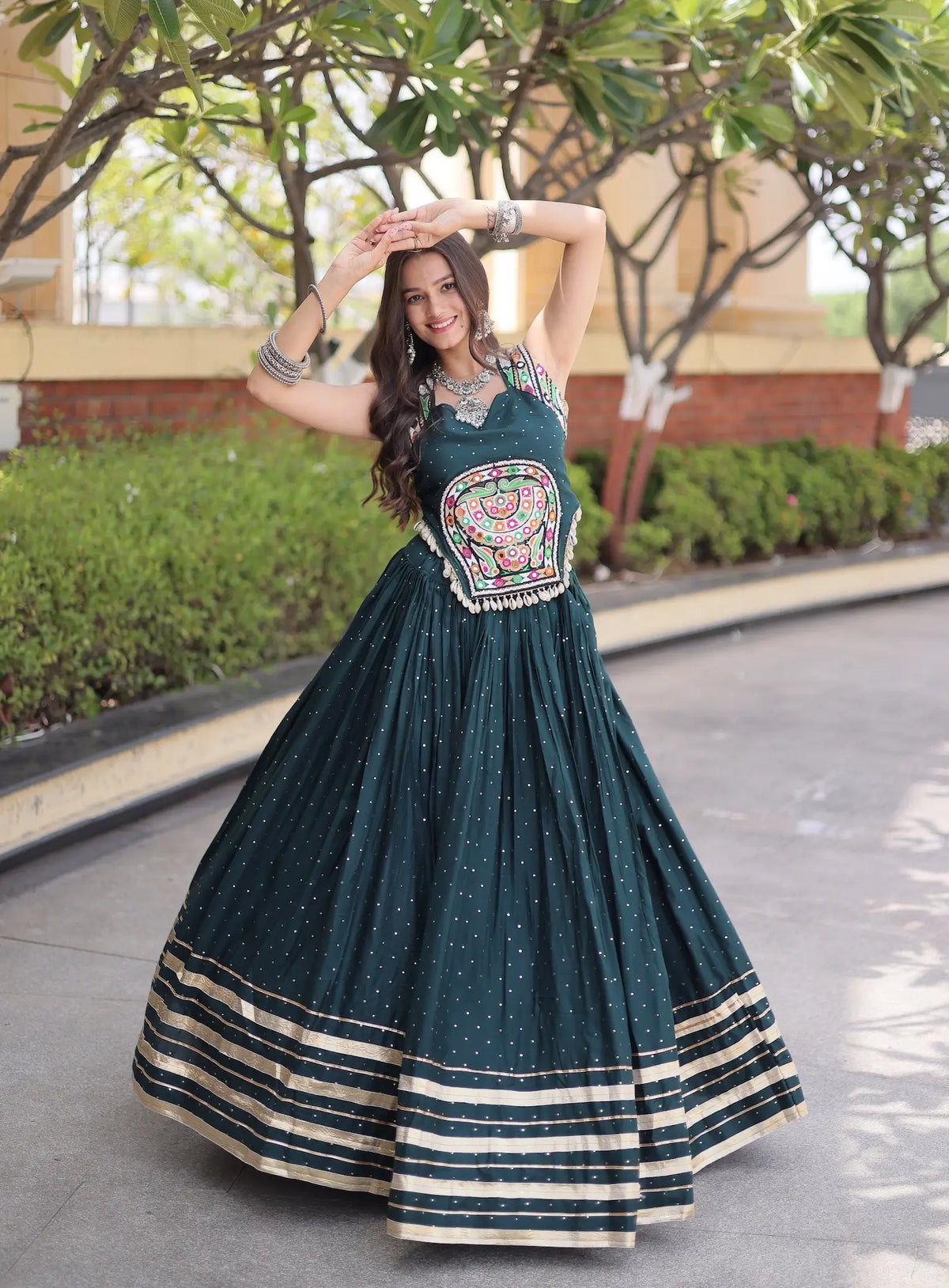 5 Meter Flair | Green Garba Chaniya Choli With Gamthi & Mirror Work