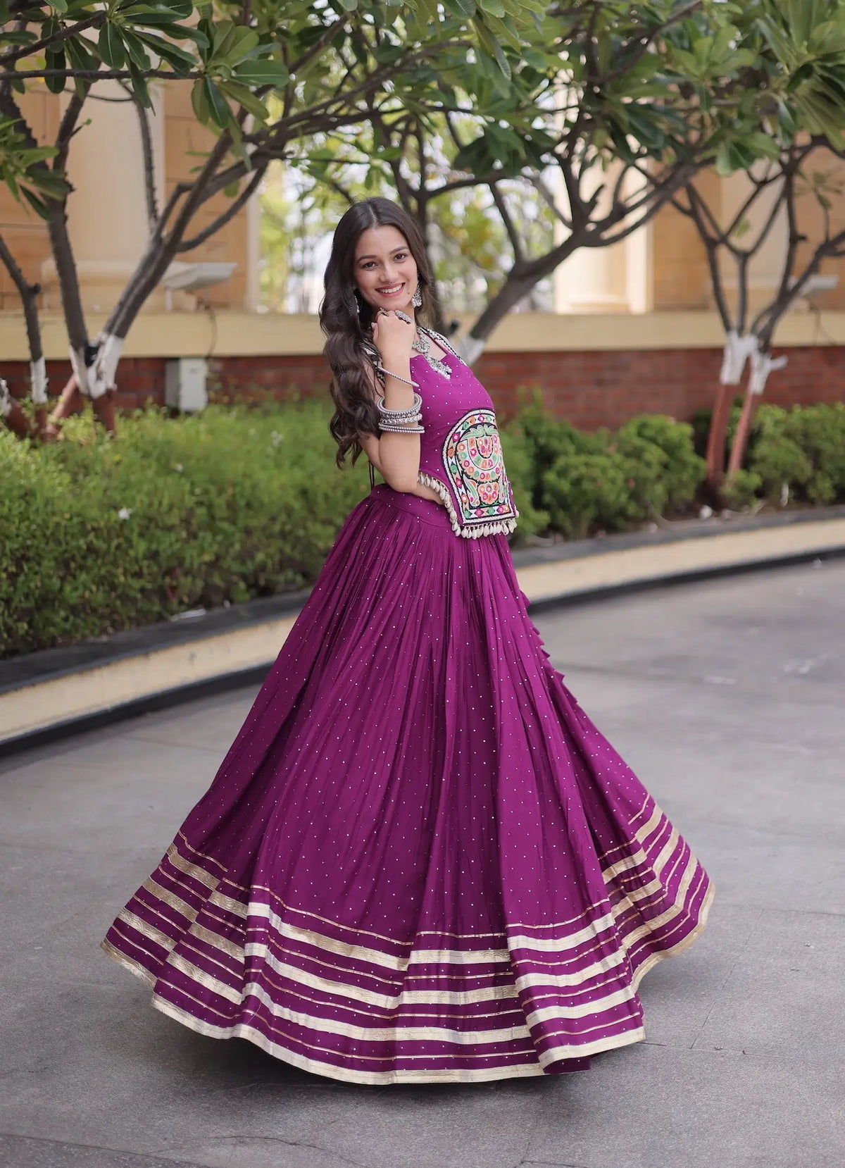 5 Meter Flair | Wine Garba Chaniya Choli With Gamthi & Mirror Work