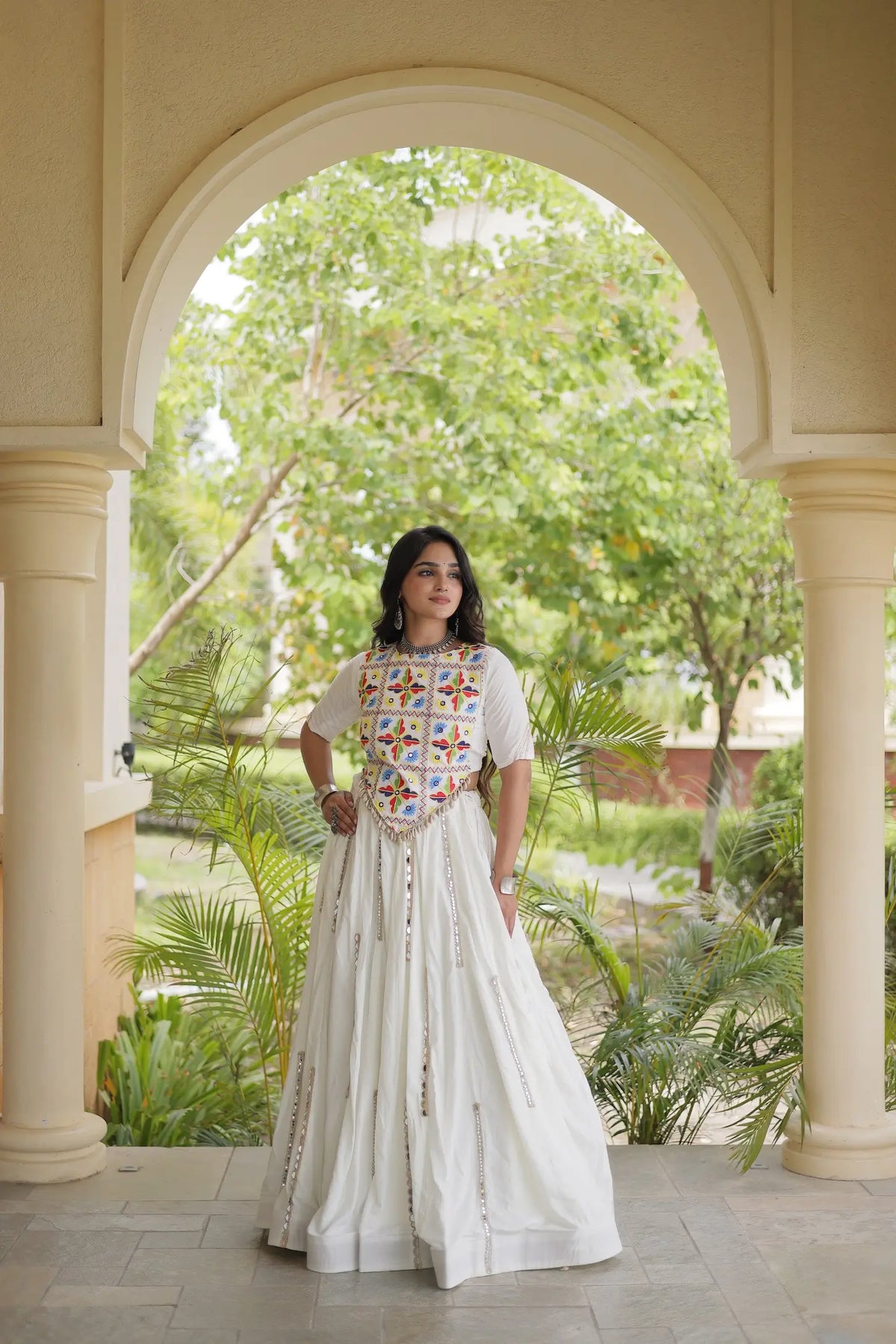 White Navratri Lehenga With Kutchi Work Blouse