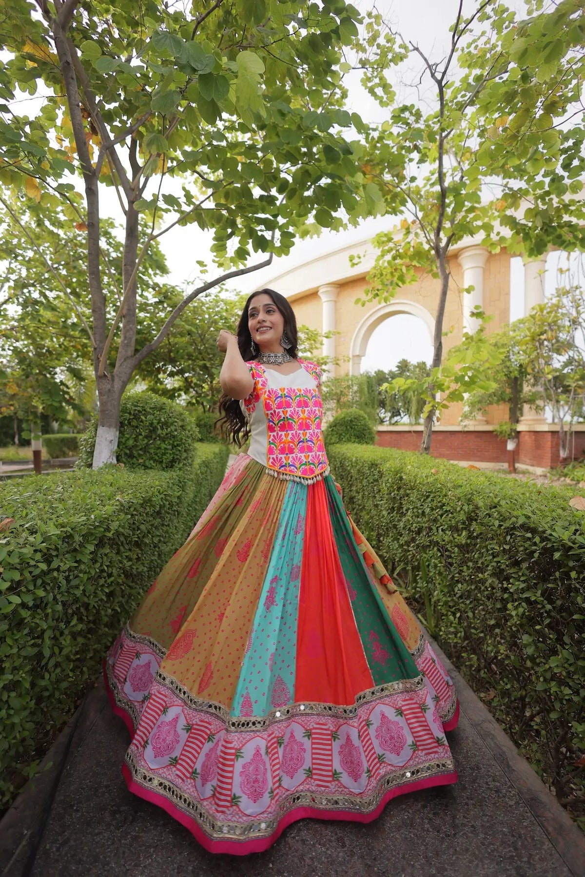4 Meter Flair | Multicolor Cotton Navratri Lehenga Choli With Mirror Lace