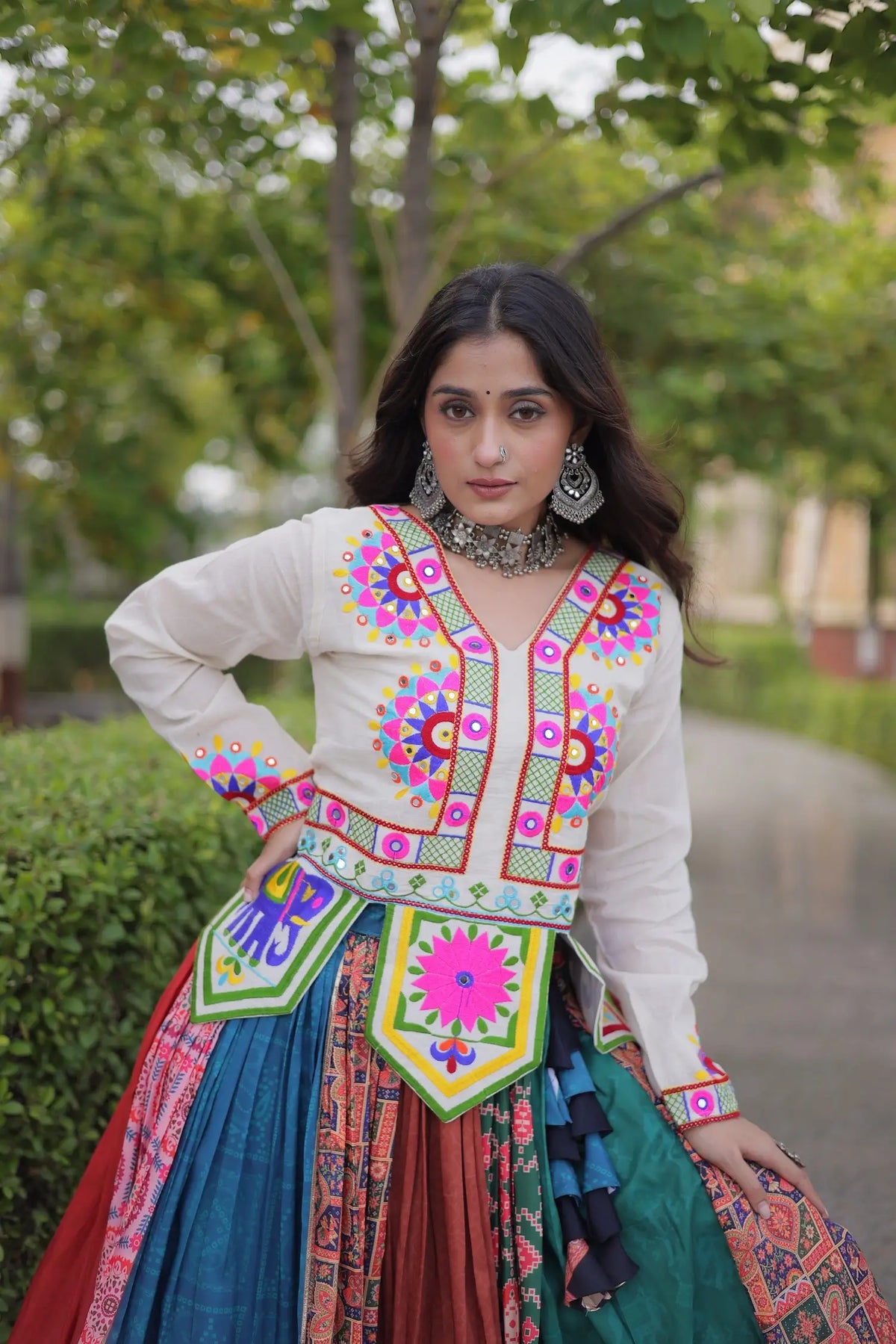 4 Meter Flair | Multicolor Cotton Navratri Chaniya Choli With Mirror Gamthi Work