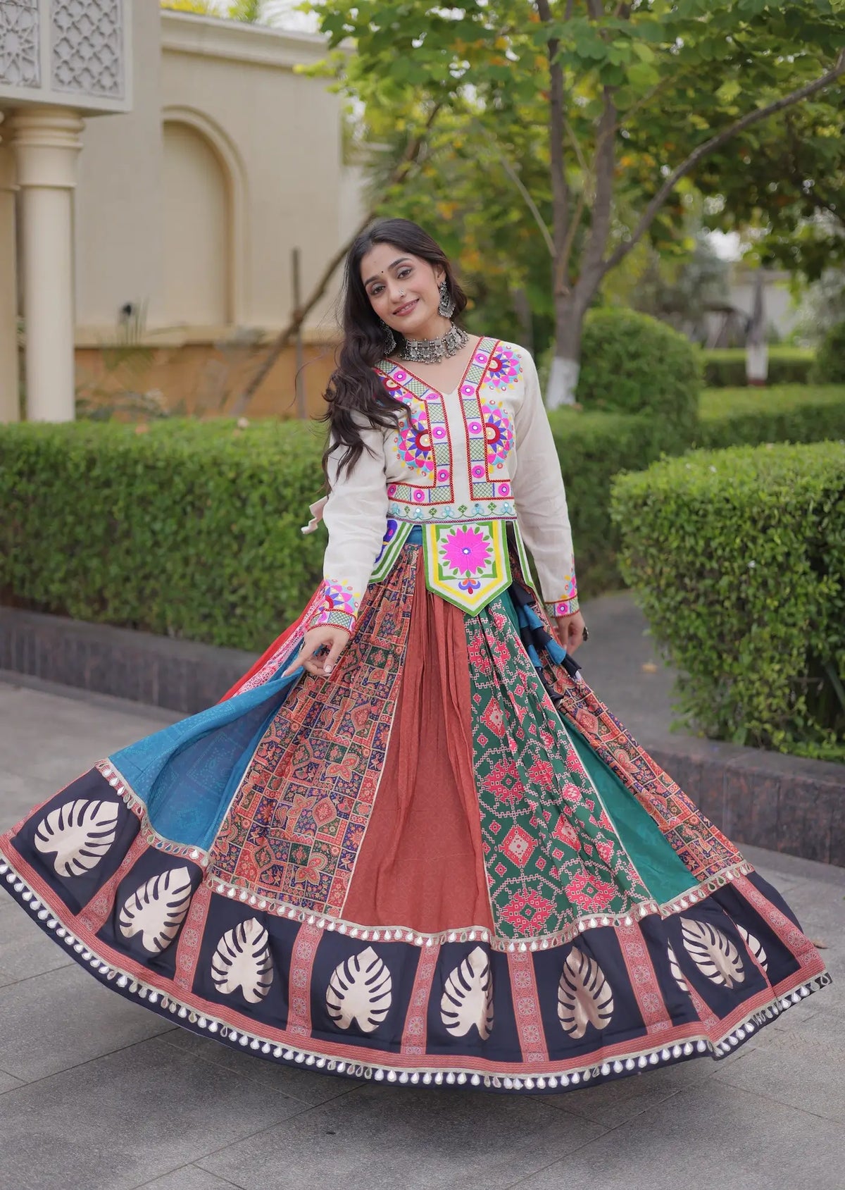 4 Meter Flair | Multicolor Cotton Navratri Chaniya Choli With Mirror Gamthi Work